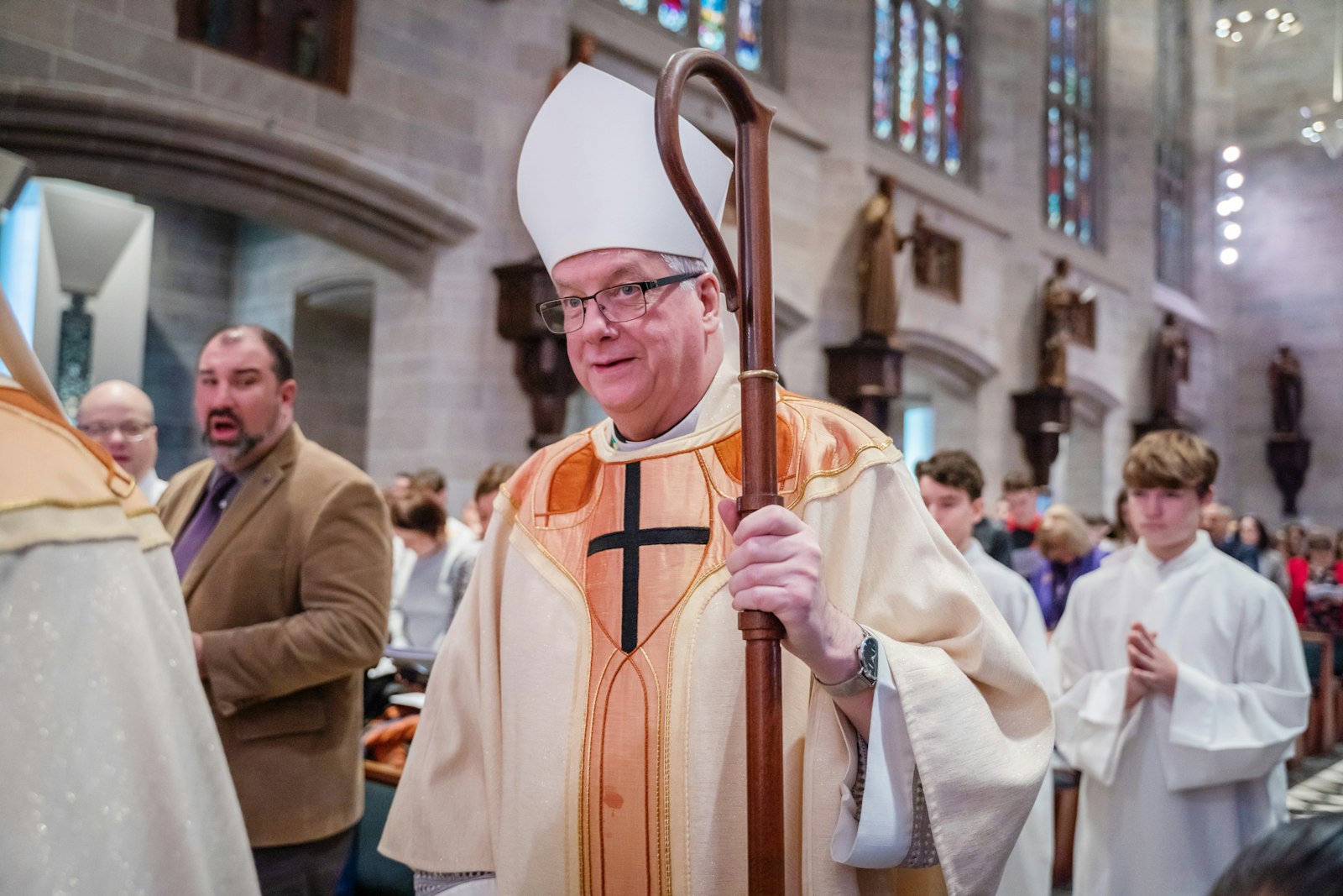 Detroit Auxiliary Bishop Gerard W. Battersby processes into the Cathedral of the Most Blessed Sacrament for the annual Catholic Schools Week Mass on Feb. 1. As he departs for Wisconsin, Bishop Battersby said he will remain a Detroiter at heart. "Please keep me in your prayers as I begin this new phase of mission; you know you will be in mine," he told Detroit's faithful. (Valaurian Waller | Detroit Catholic)