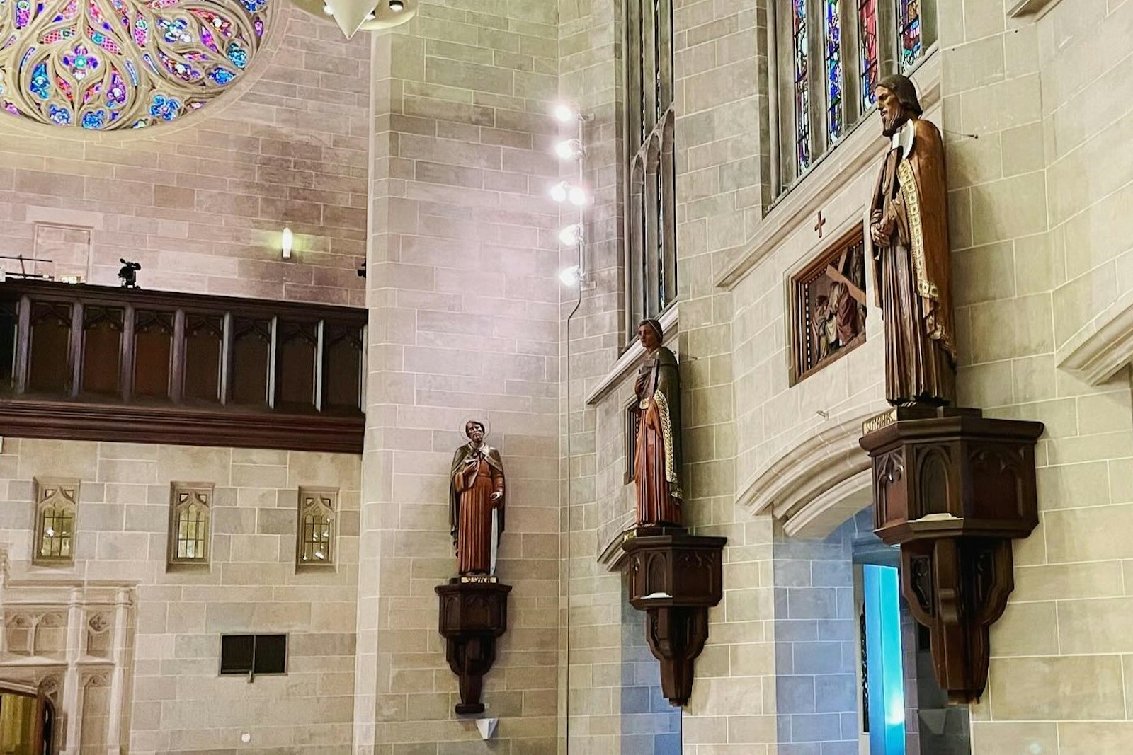 St. Simon, St. Thomas and St. Mathias are pictured in their permanent fixtures atop the pillars inside the Cathedral of the Most Blessed Sacrament. The statues and relics of the apostles will be officially unveiled Feb. 8 as part of a permanent pilgrimage experience at the cathedral, "Journey with the Saints."