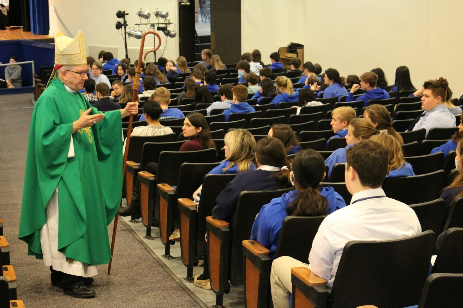 Bishop Monforton answers questions about the Catholic faith from students at Catholic Central High School in Steubenville, Ohio, during Catholic Schools Week. The bishop, a strong proponent of evangelization, frequently visited Catholic schools to allow students to ask questions about Catholic teaching, faith and morals, eventually compiling material from these sessions into a book, "Ask the Bishop: Questions and Answers Over the Years," in 2020.
