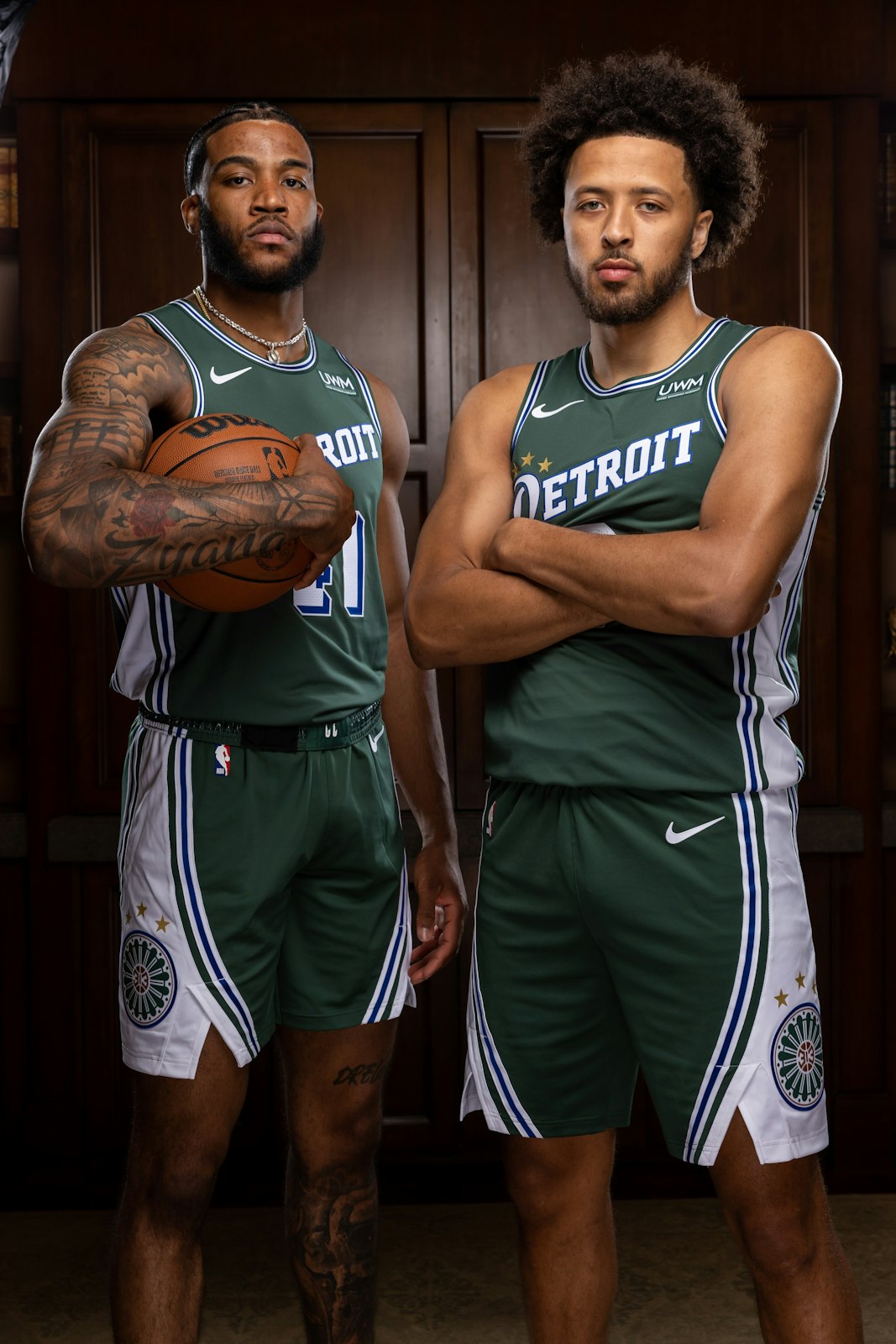 Saddiq Bey and Cade Cunningham are pictured wearing the Detroit Pistons City Edition jerseys, which pay homage to St. Cecelia Gym and its contribution to the Detroit basketball scene. The Pistons will be wearing the St. Cecilia jerseys for six games this season.