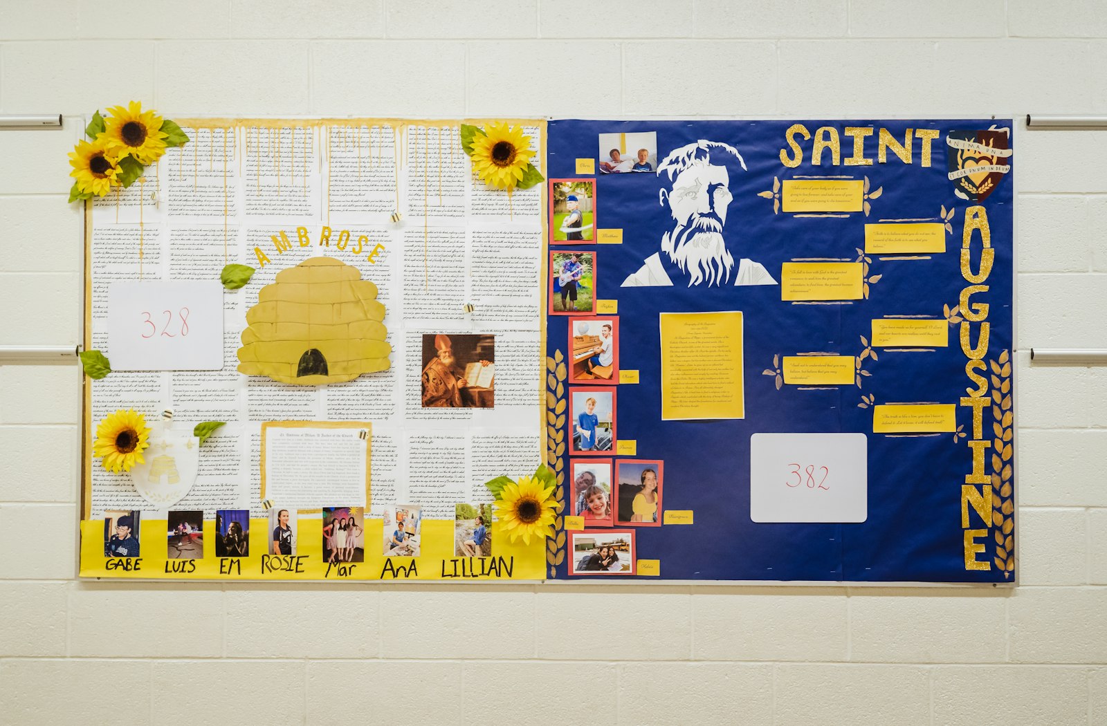A collage board with materials about St. Ambrose and St. Augustine. Every school day at Chesterton begins with Mass, and Catholicism is interwoven throughout the culture of the entire school, said headmaster Jordan Mitchell.