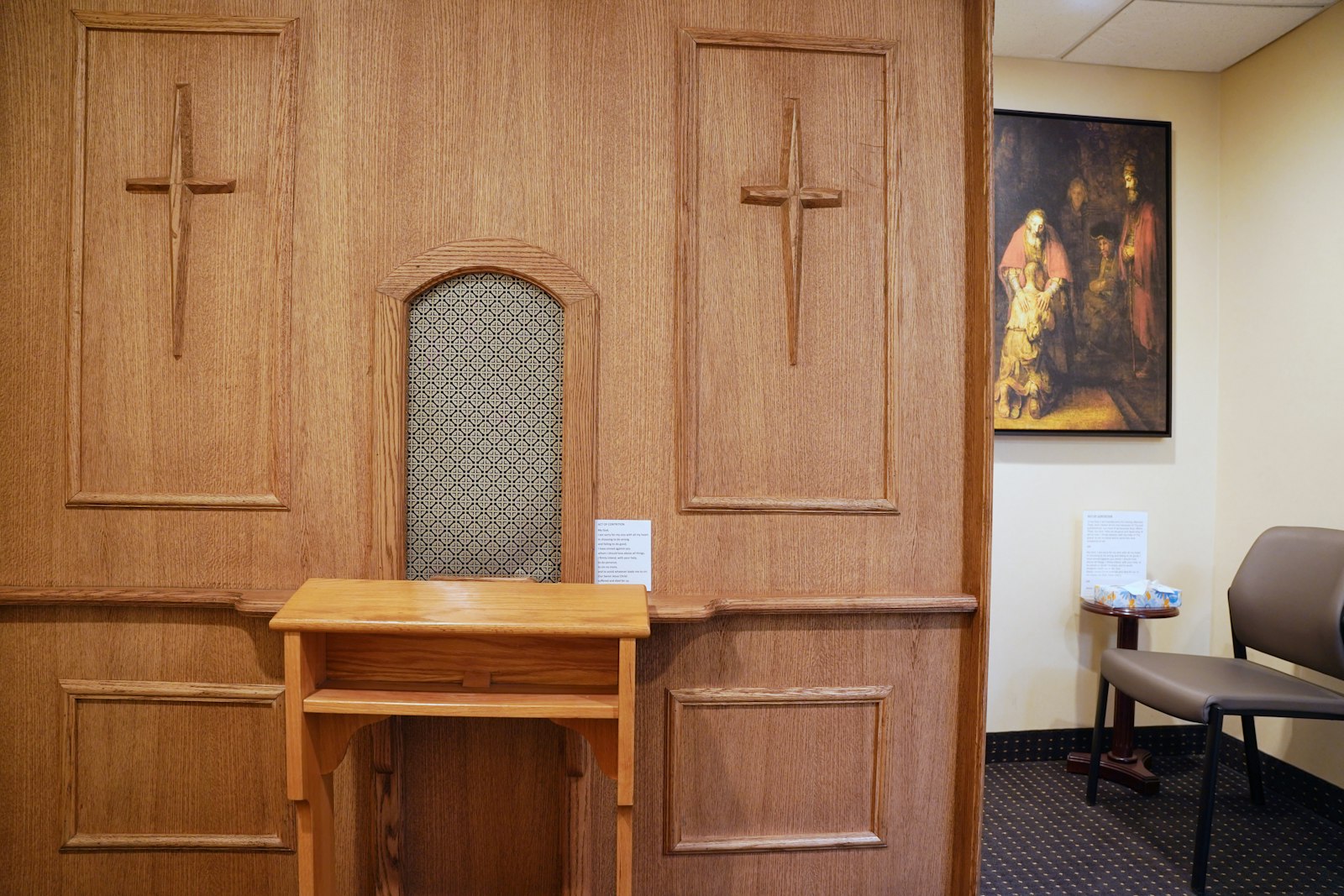 People have the opportunity to confess behind a screen or face-to-face at Prince of Peace Parish. Fr. Andrew Dawson made refurbishing the reconciliation room a priority when he came to the parish in July 2023.