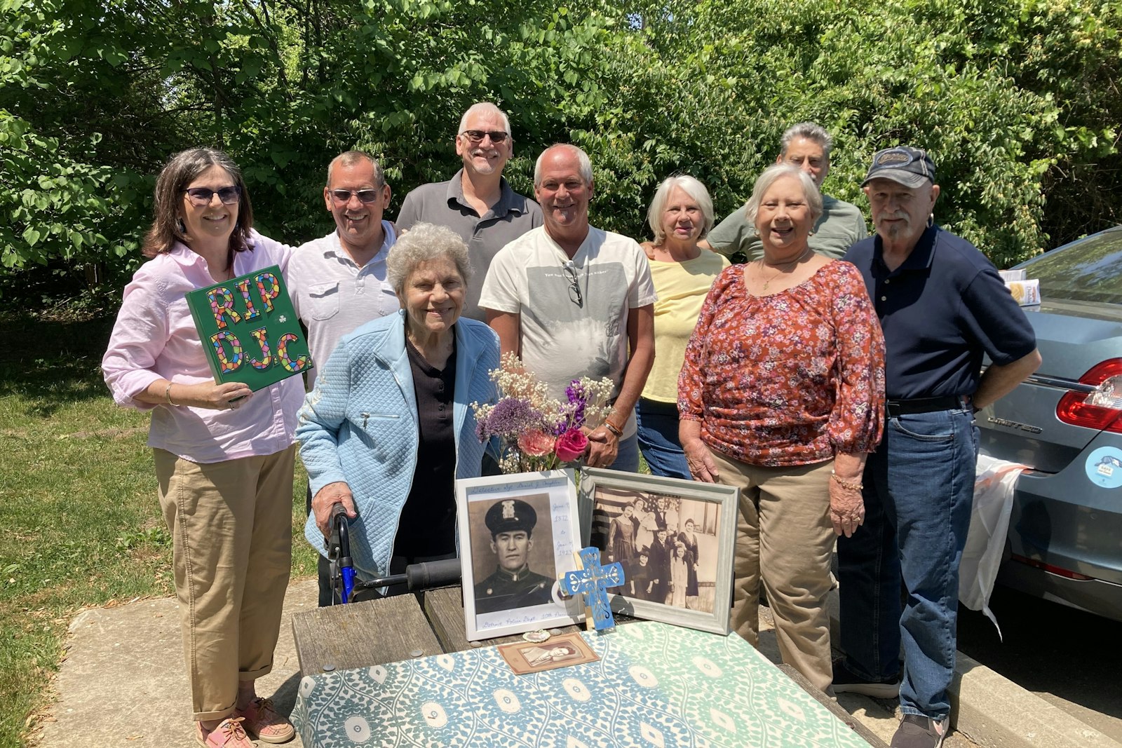 Family members gather June 9, which would have been Det. Sgt. Coughlin's 151st birthday, at the First Responder Memorial of Wayne County in Edward Hines Park in Plymouth Township. Pictured are (back row, left to right) Patricia Coughlin, Richard Petty, Patrick Coughlin, Sherry Wallen, Mike Helfrich, Tim Jimines, (front row, left to right) Betty Petty, Kit Clements and Marsha Jimines.