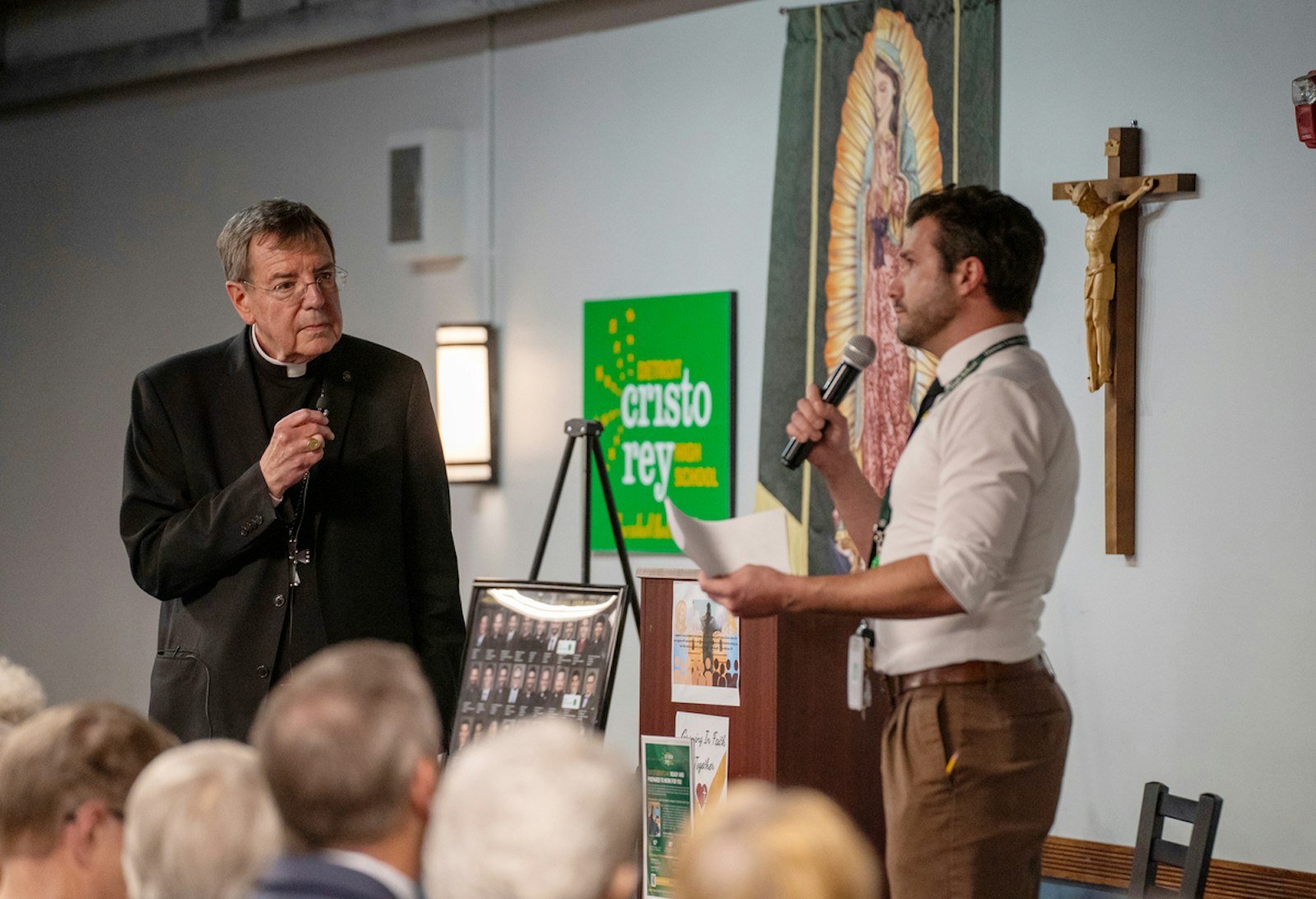 Archbishop Vigneron hosted an informal Q&A session with students after blessing the school chapel's new mural. Archbishop Vigneron spoke about vocations, faith and how the Church stands for the rights and dignity of immigrants and migrants.