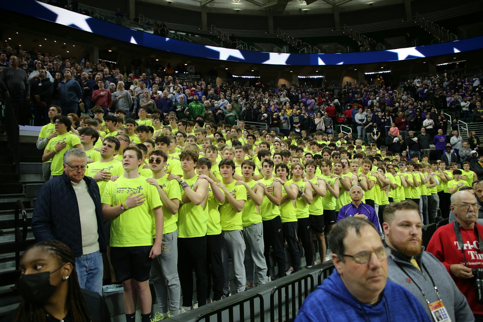 The De La Salle “Bro Zone” student cheering section was at its respectable best during the playing of the national anthem. Otherwise, their boisterous, raucous cheers were welcomed by the players in their bid to bring a state title home. The 150 or so students made the trip to Michigan State University twice for the games.