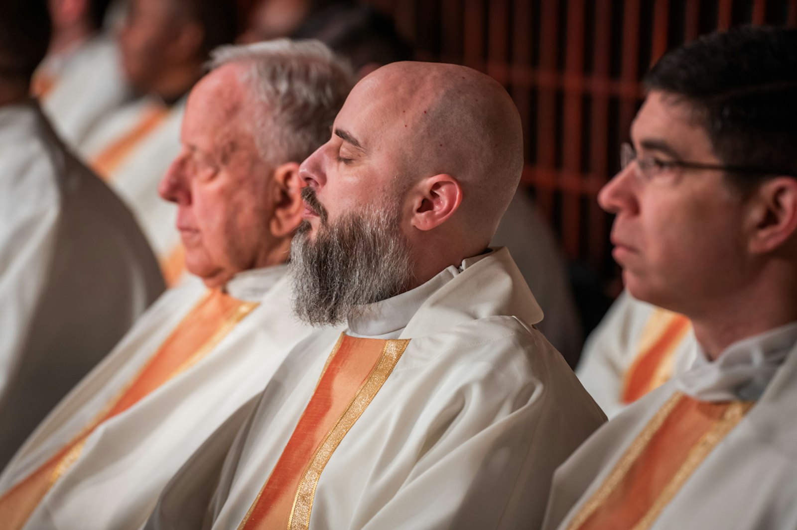 Fr. Craig Giera, director of priestly vocations for the Archdiocese of Detroit, prays during the Chrism Mass in April 2023 at the Cathedral of the Most Blessed Sacrament in Detroit. (Valaurian Waller | Detroit Catholic)