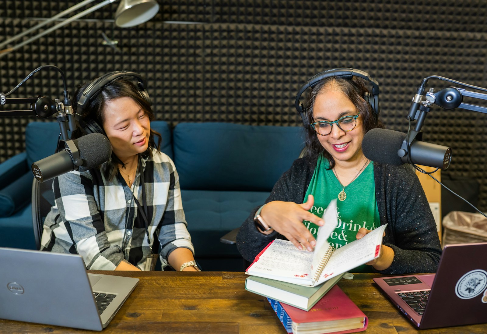 Nicole Joyce, left, and Rakhi McCormick co-host "Beyond Sunday," a podcast produced by the Archdiocese of Detroit as a companion for parents and families seeking to integrate more prayer, family activities and catechesis into their lives. (Valaurian Waller | Detroit Catholic).