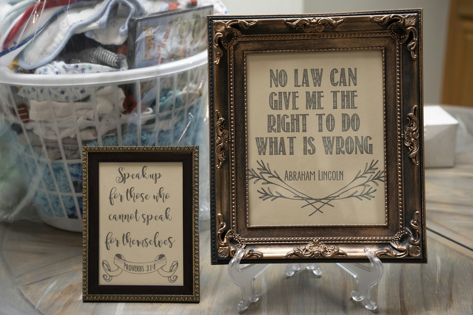 A sign is pictured inside the Planned Choices pregnancy center in Allen Park featuring a quote from Abraham Lincoln, "No law can give me the right to do what is wrong." (Gabriella Patti | Detroit Catholic)