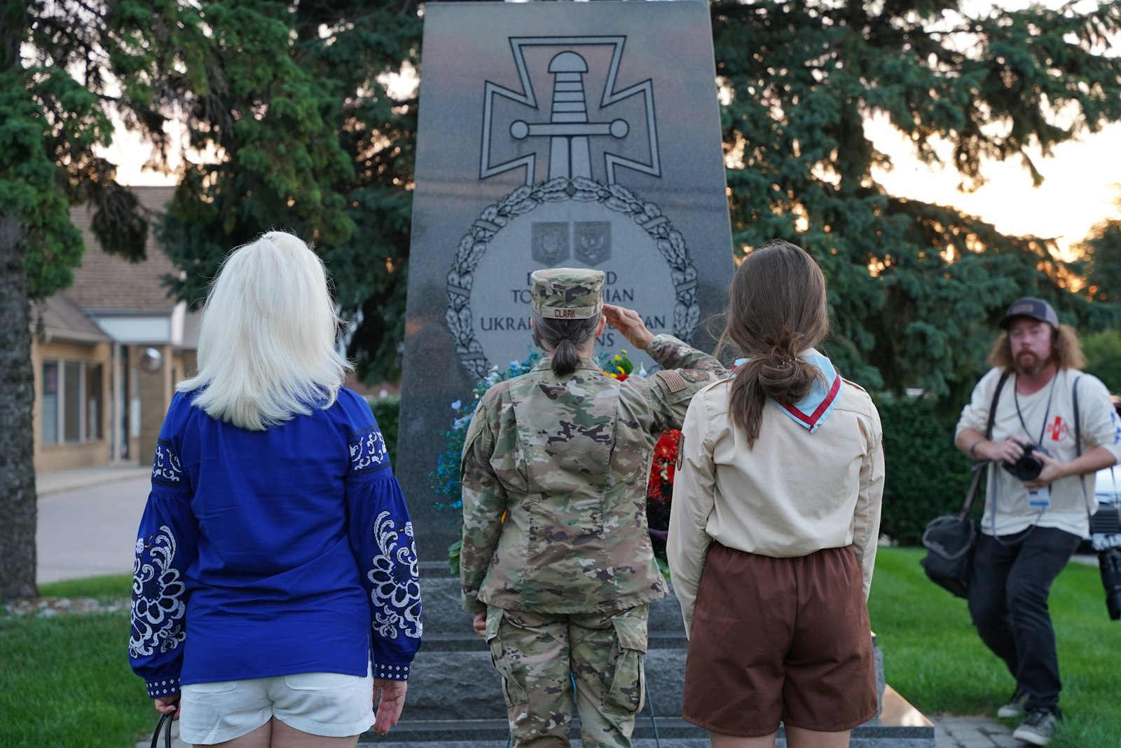 A soldier from the Michigan National Guard lays a wreath at a monument dedicated to all of the Ukrainian-American soldiers who gave their lives for their country. People prayed for all the Ukrainian forces engaged with Russian invaders in the now six-month war and all the lives lost during the conflict.