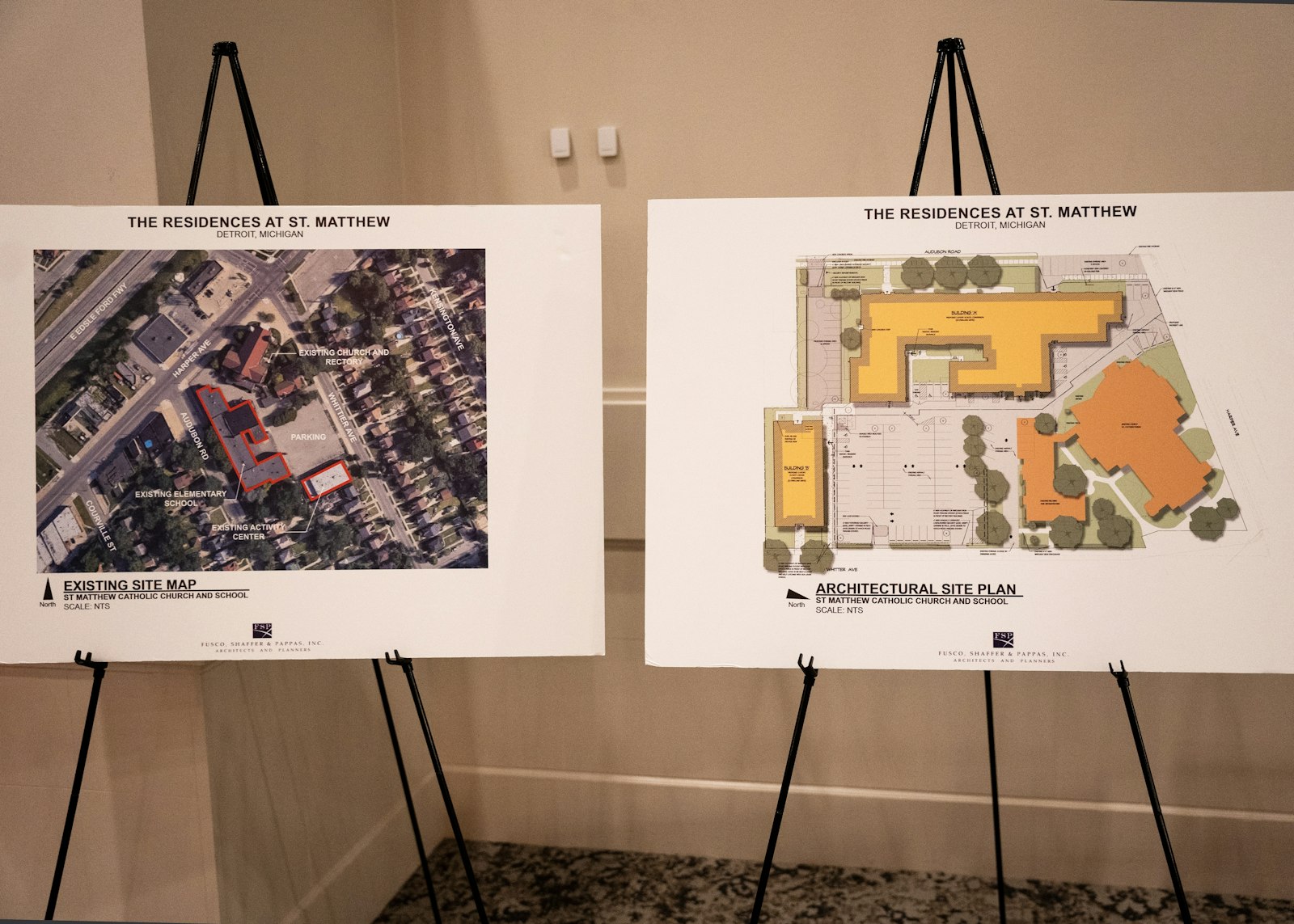 Blueprints show the future of the Residences at St. Matthew, which will be housed in St. Matthew Parish's former school building on Detroit's east side. The project, in the works for several years, is set to open later this year.