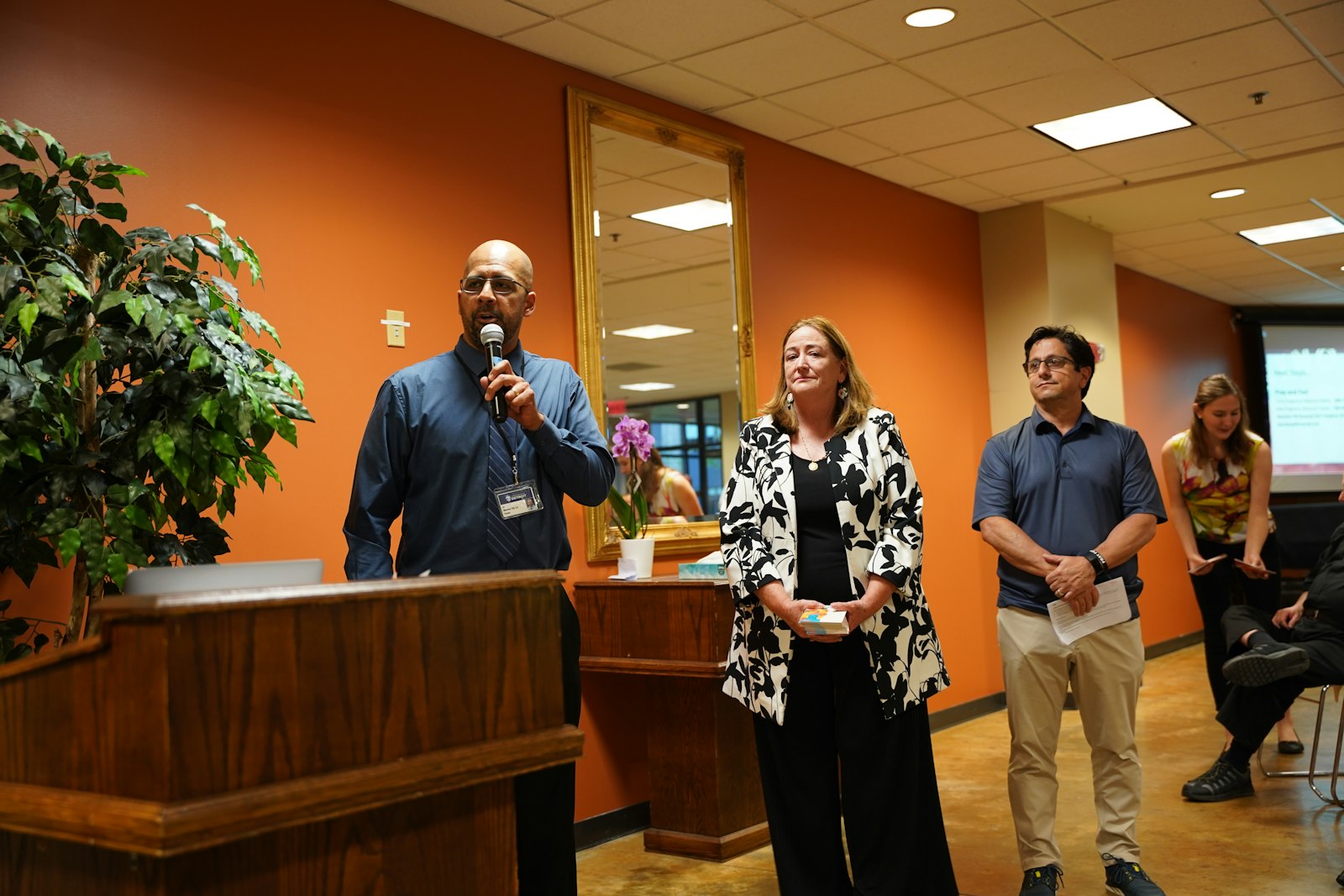 Marlon De La Torre, Ph.D., director of evangelization and missionary discipleship for the Archdiocese of Detroit, briefs the audience at the "Rising Up After Roe" gathering about how the Archdiocese of Detroit and the Michigan Catholic Conference plan to educate voters about the dangers of the Proposal 3 constitutional amendment.