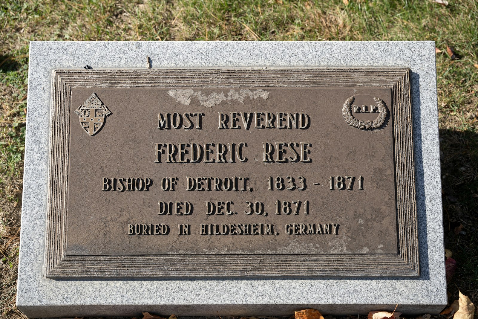 A memorial stone marks the burial place of Bishop Frederic Résé, who served as the first bishop of Detroit from 1833 to 1871.