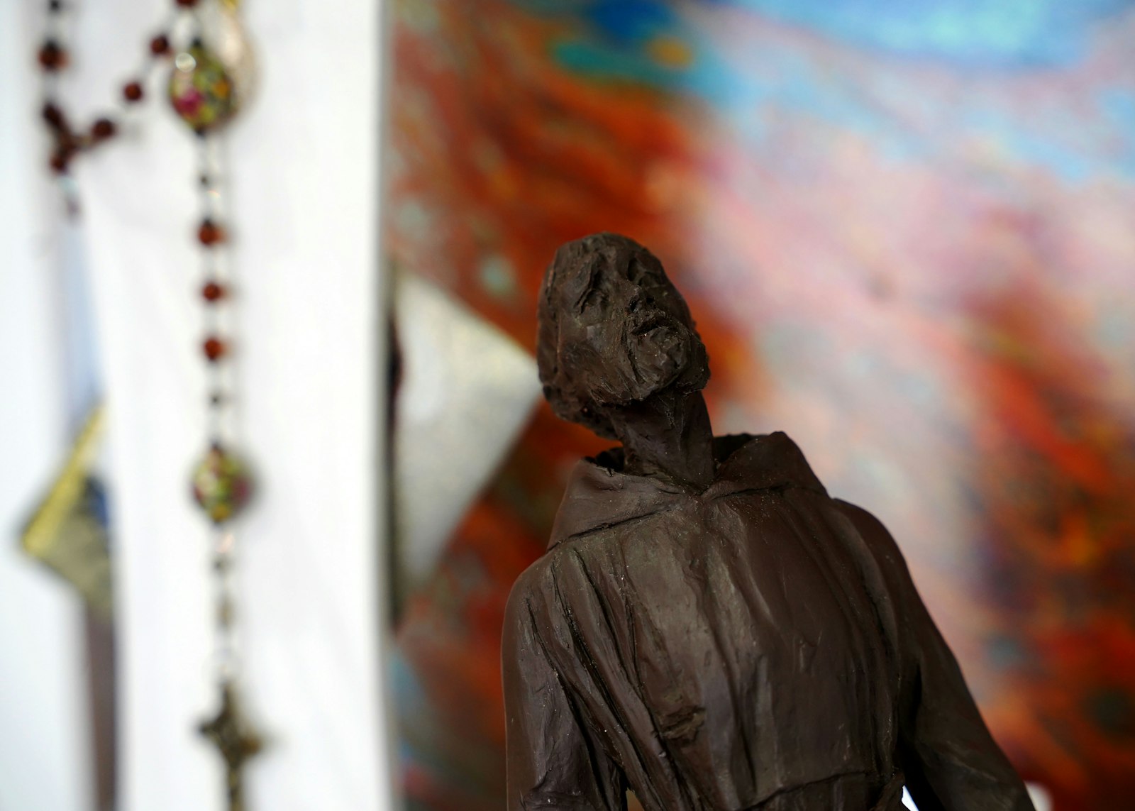 A bronze tabletop sculpture of St. Francis of Assisi by local artist Mary Dudek. The statuette is a miniature of one that was installed at Capuchin Retreat Center in Washington Township to commemorate the 800th anniversary of the saint receiving the stigmata.