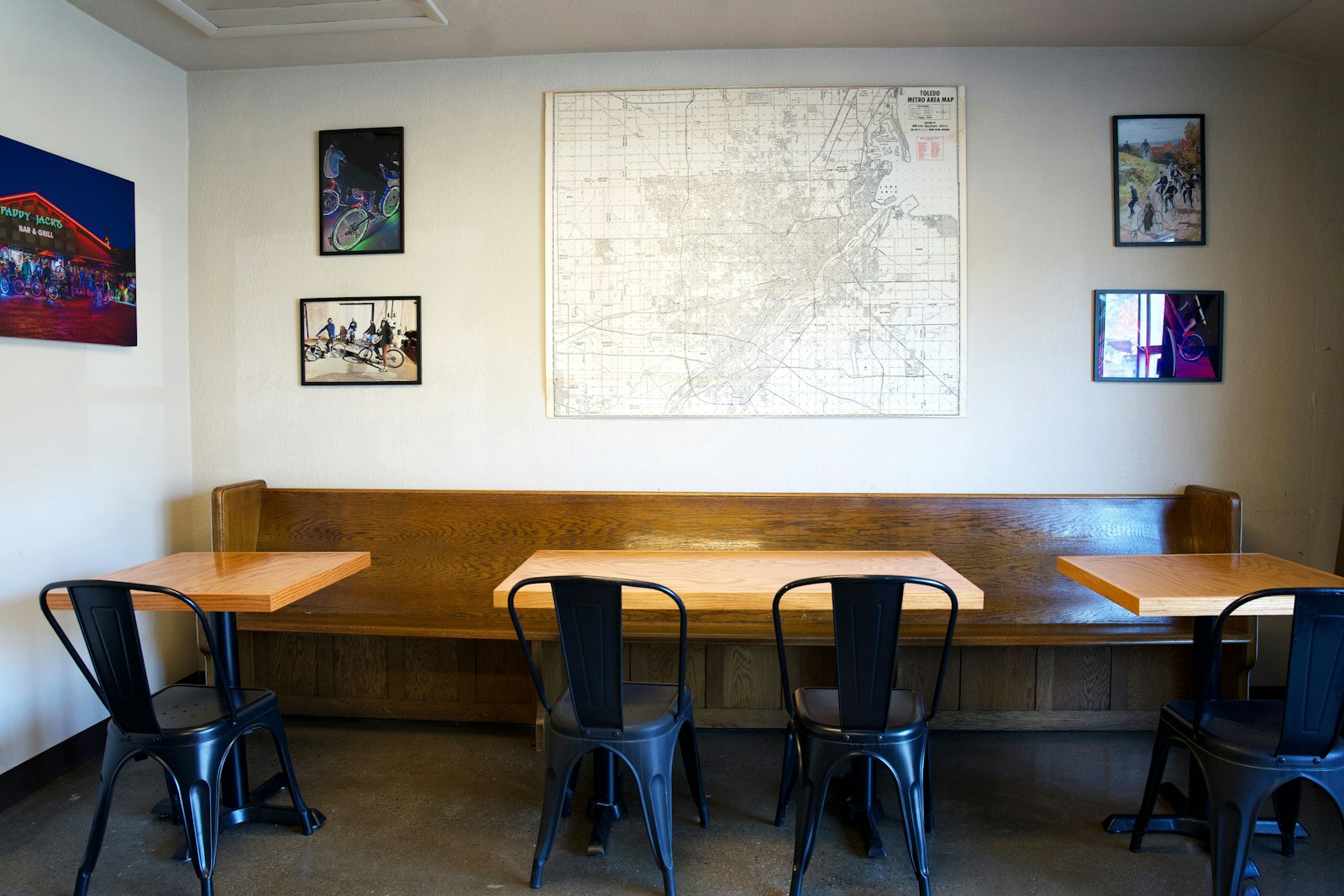 The brewery utilizes old church pews from decommissioned churches as seating.