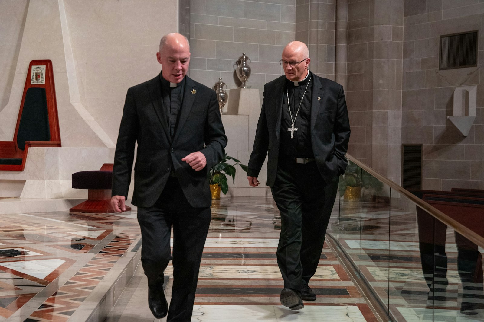 Fr. J.J. Mech, rector of the Cathedral of the Most Blessed Sacrament in Detroit, shows Archbishop-elect Weisenburger around his new cathedral during a visit Feb. 11.