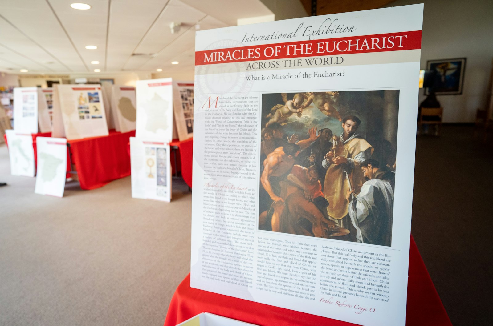 A traveling exhibit of Eucharistic miracles, pictured on display at St. Roch Parish in Flat Rock, includes 170 descriptive panels featuring more than 140 Eucharistic miracles from the Church's history. Any parish can request the exhibit, said Margy Nagel, co-founder of the Real Presence Apostolate of Michigan.