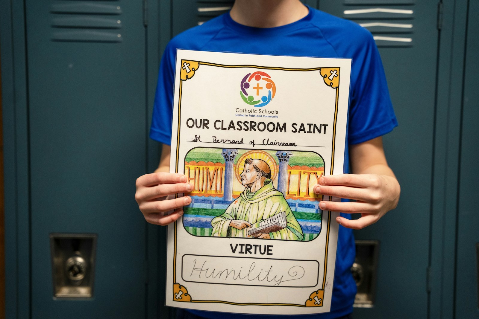 Each classroom creates an image of their saint, which they display proudly outside of their classroom door.