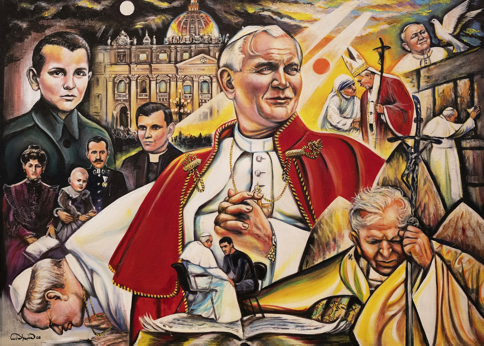 Lewis's mural depicts St. John Paul II at different times in his life: when he was a young man; when he visited the wailing wall in Jerusalem; praying with the man who tried to assassinate him in prison, and other scenes. The coloring book further distilled the story of the saint.
