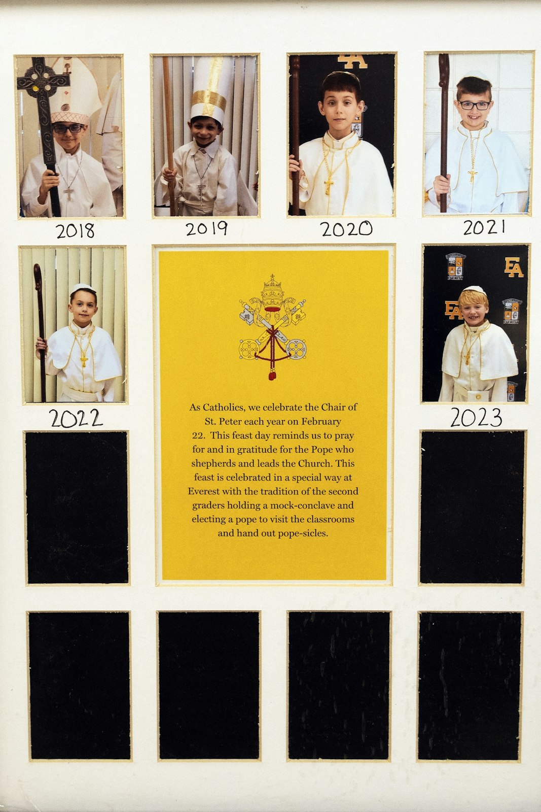 Wildrick created a “pope poster” with pictures of all her former popes hanging in her classroom.