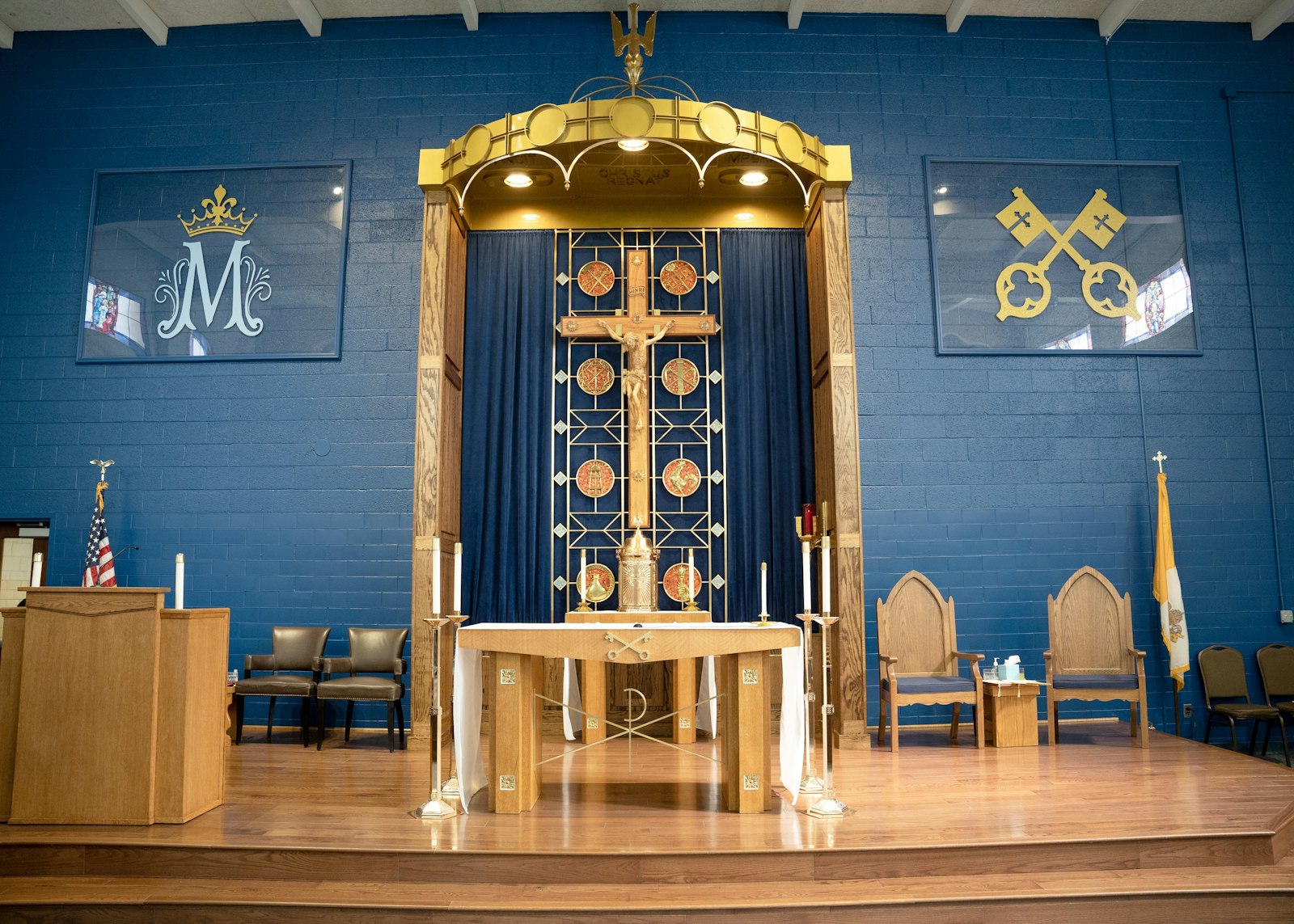 Elements of the chapel were rescued from area churches or chapels, including the altar, which was formerly the altar for St. Peter Parish. The parish dedicated a new marble altar in 2022.