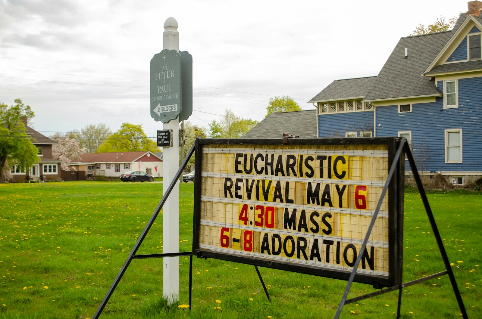 A sign outside SS. Peter and Paul Parish in North Branch announces the Eucharistic Revival taking place May 6. The revival, part of the U.S. Conference of Catholic Bishops' three-year effort, aims to bolster faith in the Real Presence of Jesus in the Eucharist. (Photos by Matthew Rich | Special to Detroit Catholic)