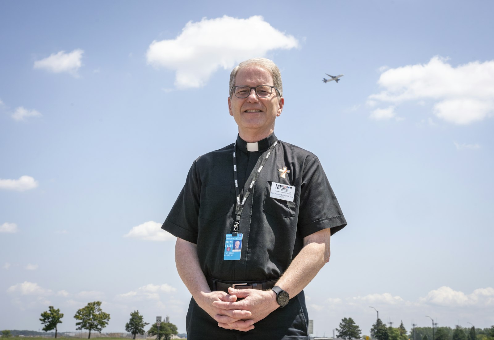 Among Deacon Van Dyke's duties as a chaplain, he makes himself available to accompany families and servicemembers bringing home the remains of fallen soldiers, offering comfort and a listening ear alongside other volunteers. (Valaurian Waller | Detroit Catholic)