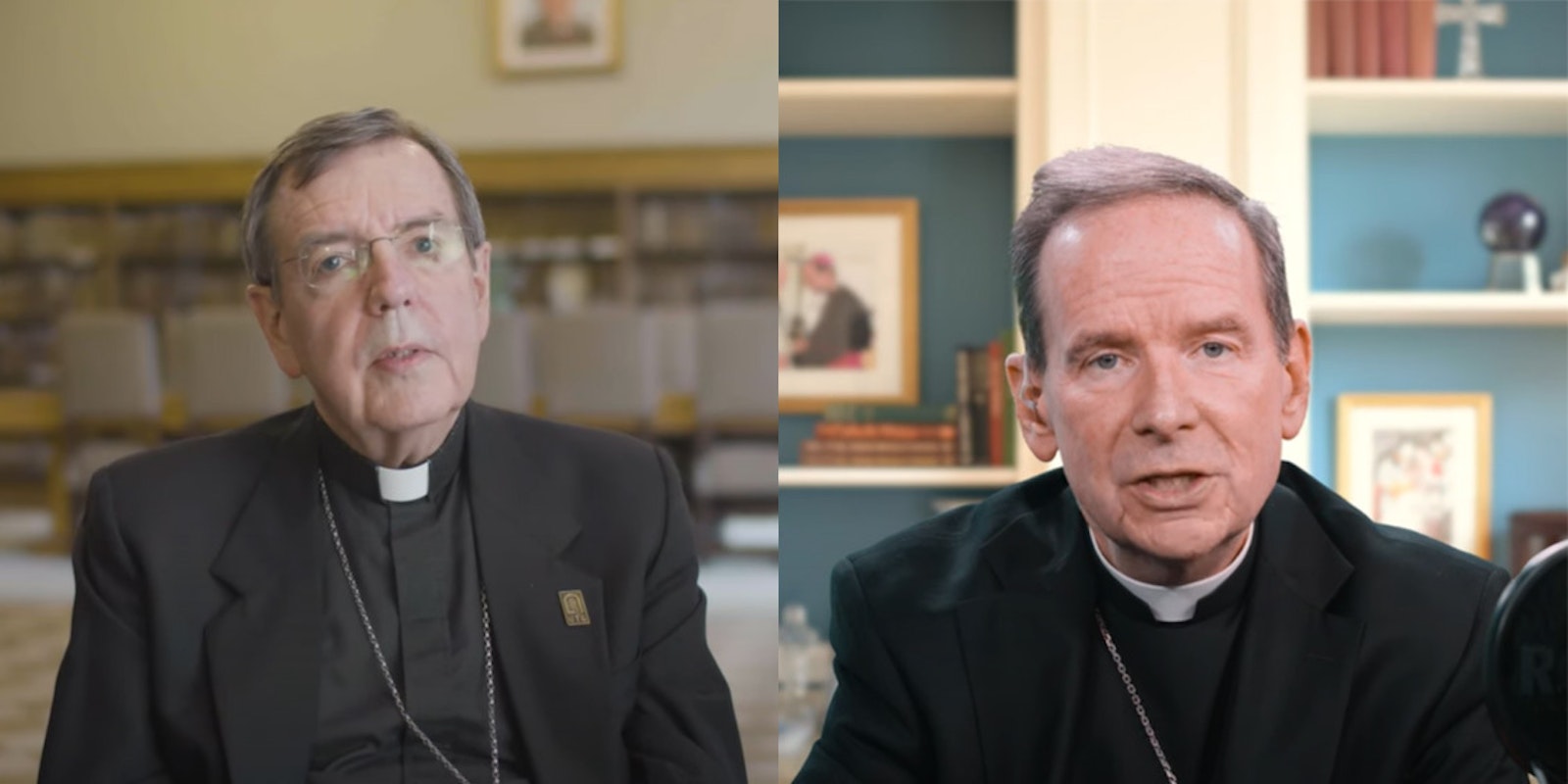 Detroit Archbishop Allen H. Vigneron, left, and Arlington, Va., Bishop Michael F. Burbidge take part in a virtual discussion about the role of digital and social media in today's Catholic landscape. The bishops' discussion was part of a two-part digital event called "Digital Transformation and the Catholic Church: Bringing Truth and Hope in the Modern Age." (Screenshots via YouTube)