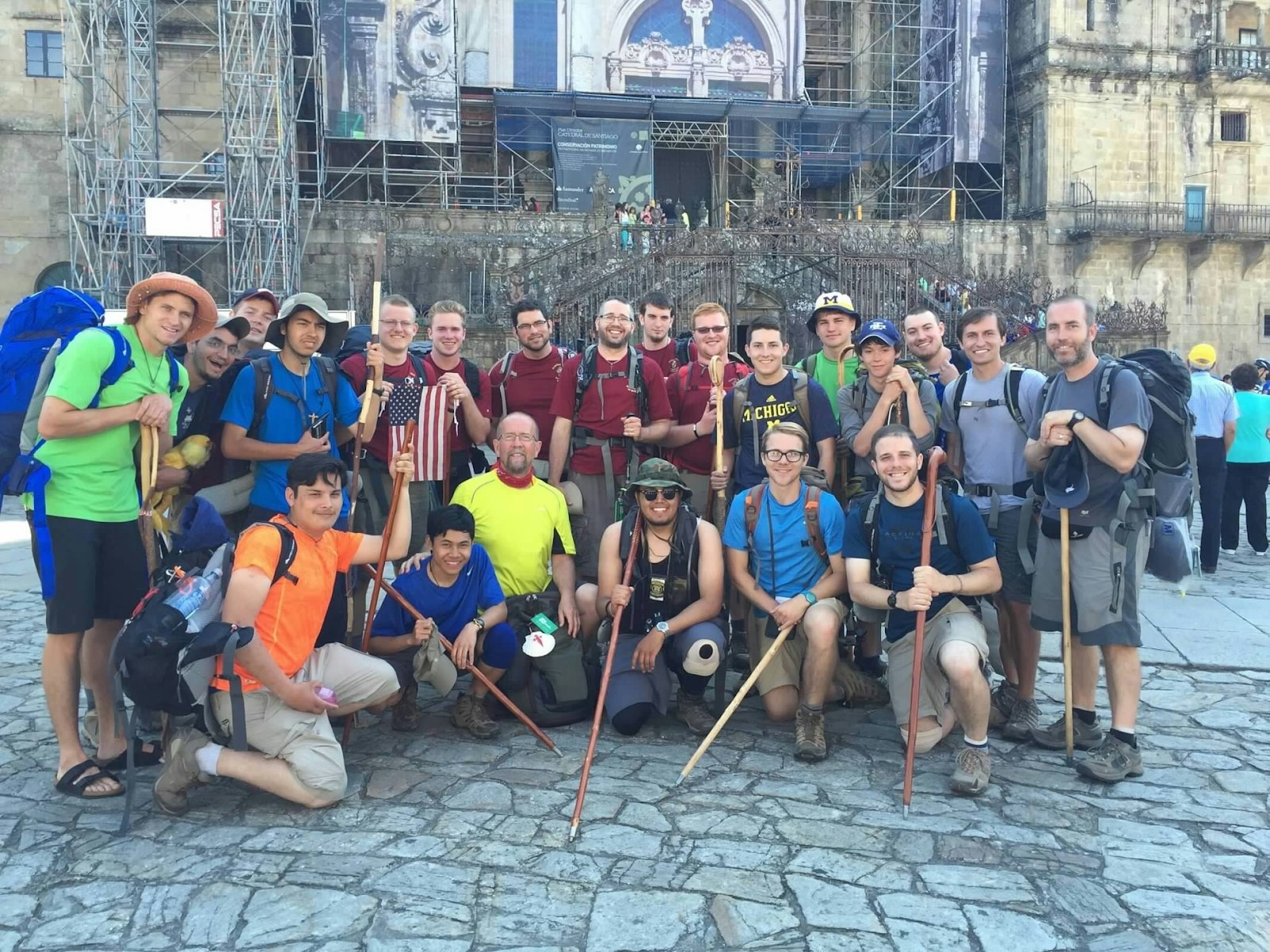A group photo of the 2013 discernment retreat Fr. Birney led, posing before the Cathedral of Santiago de Compostela Basilica in Santiago, Spain, at the end of the Camino de Santiago. Fr. Birney said the group was noted among fellow travelers for having a consistent prayer schedule and came to be affectionately known as "Detroit." (Photo courtesy of Fr. Tim Birney)