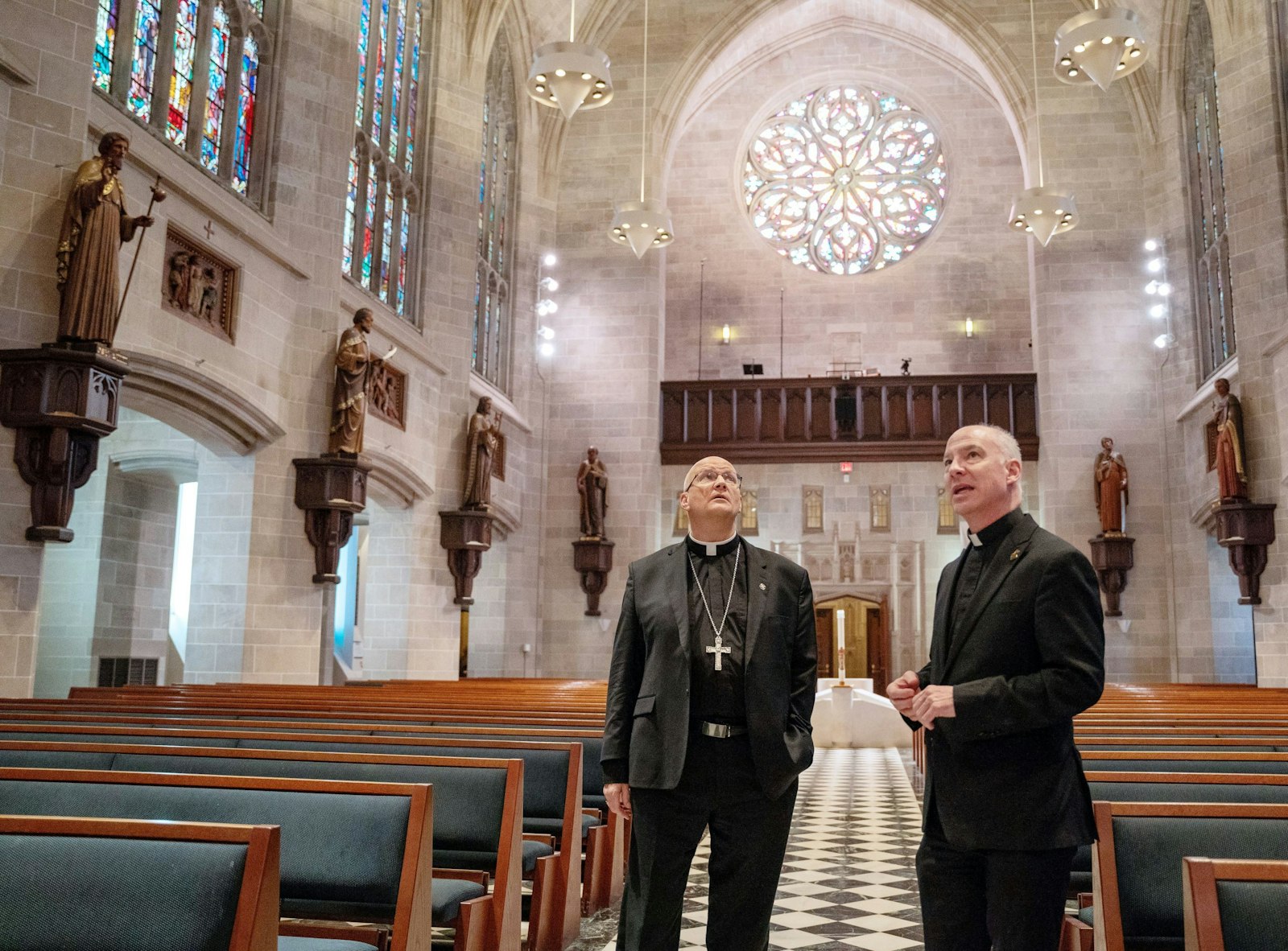 Fr. J.J. Mech, right, rector of the Cathedral of the Most Blessed Sacrament in Detroit, offers Archbishop-elect Weisenburger a tour of his new mother church Feb. 11. Earlier in the day, Archbishop-elect Weisenburger met with seminarians, curia leaders and priests of the Archdiocese of Detroit as he was introduced for the first time as archbishop-elect.