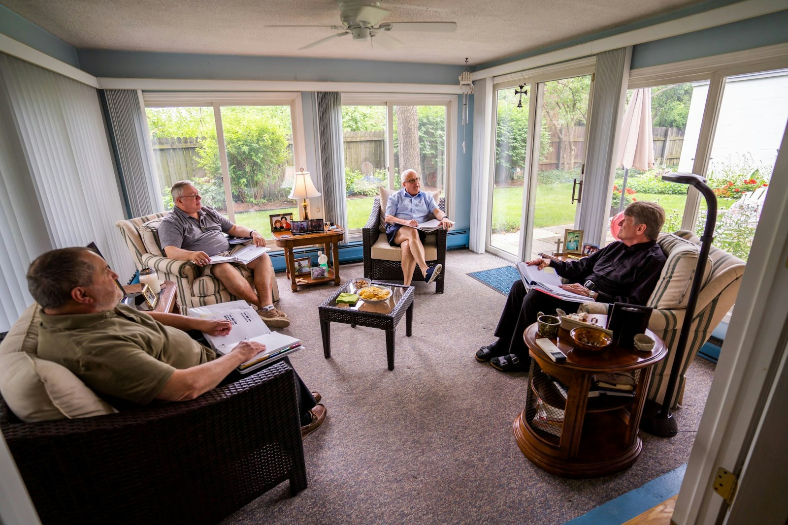 Left to right, Fr. Gary Michalik, Fr. Thomas Belczak, Fr. Denis Theroux and Fr. Jim McNulty, family-pastors for Northwest Wayne Family 2, meet June 29 at the St. Edith Parish rectory in Livonia to discuss their “family priests covenant,” which will help them work together for the good of their new parish family, which includes St. Edith, St. Colette in Livonia, Our Lady of Victory in Northville and St. Kenneth in Plymouth. (Valaurian Waller | Detroit Catholic)