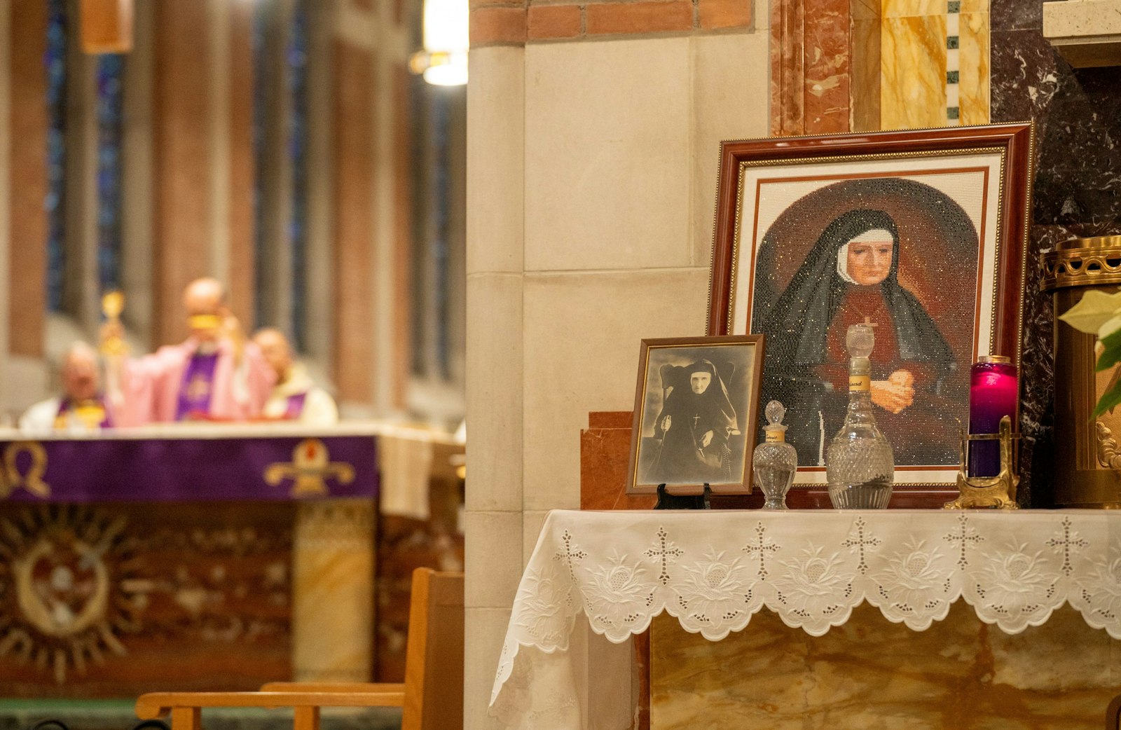 A portrait of Blessed Mary Angela Truszkowska sits on a side altar in the chapel of the Presentation of the Blessed Virgin Mary Convent in Livonia. Blessed Mary Angela founded the Felicians in Warsaw, Poland, in 1855.