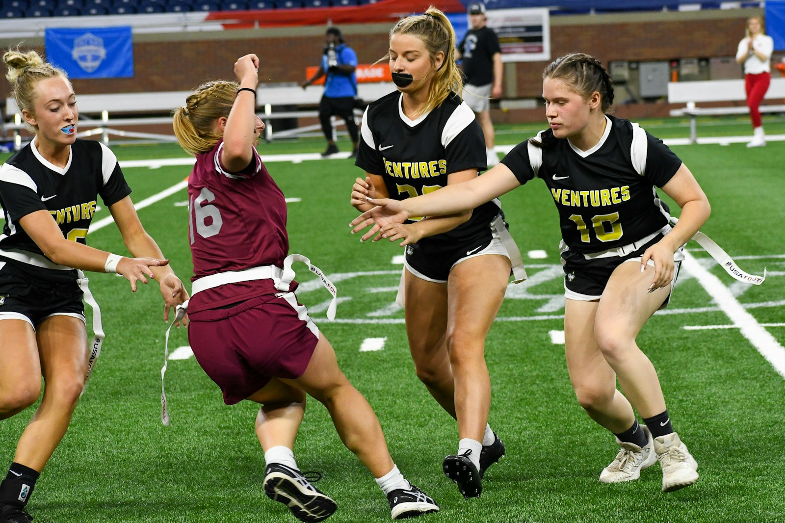 Bishop Foley's girls flag football team competes last year at Ford Field.