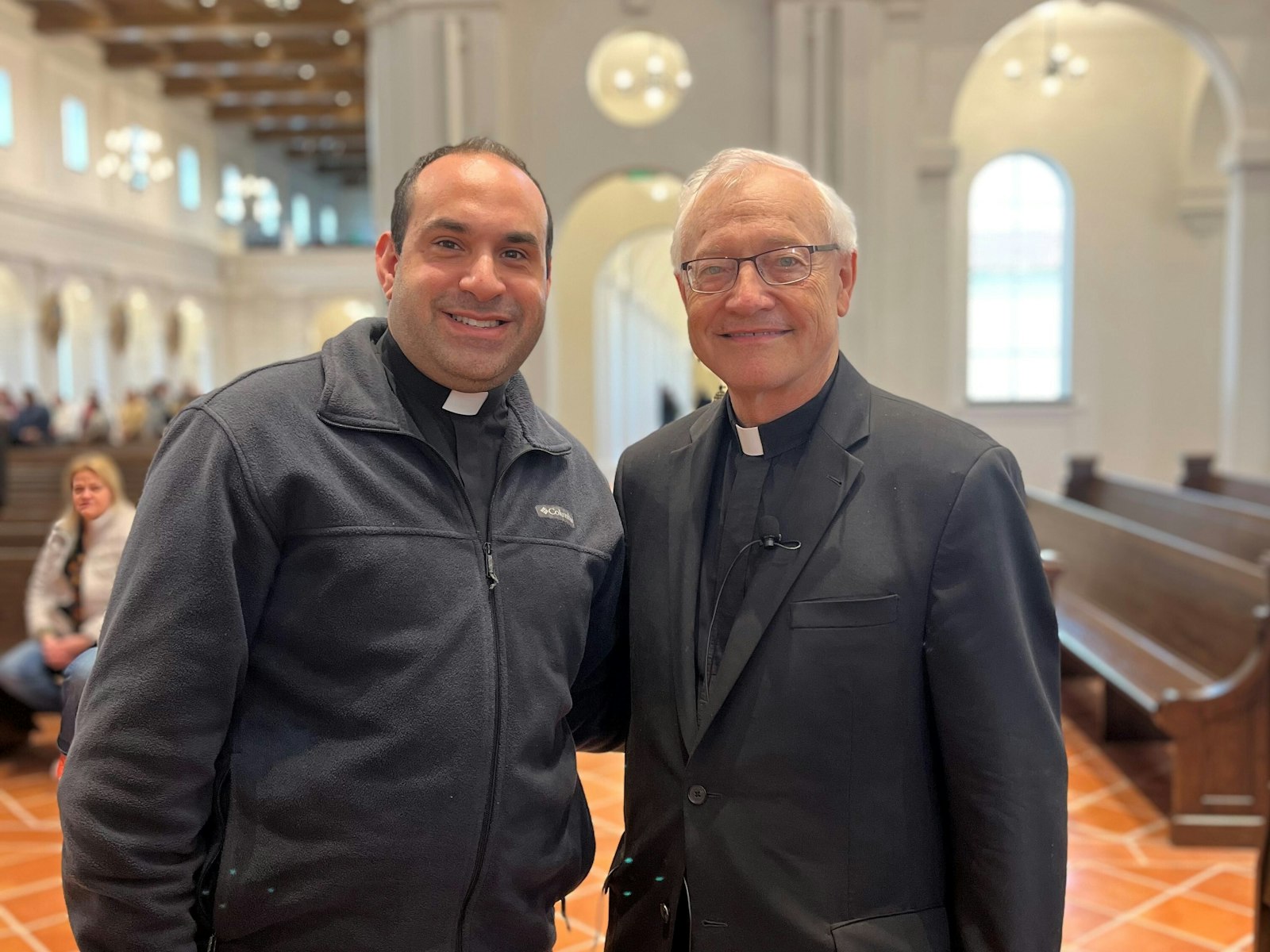Fr. Zaid Chabaan, left, a priest of the Archdiocese of Detroit, is pictured with Fr. Don Wolf, a cousin of Blessed Stanley Rother, at the Blessed Stanley Rother Shrine in Oklahoma City in February. (Courtesy of Fr. Zaid Chabaan)