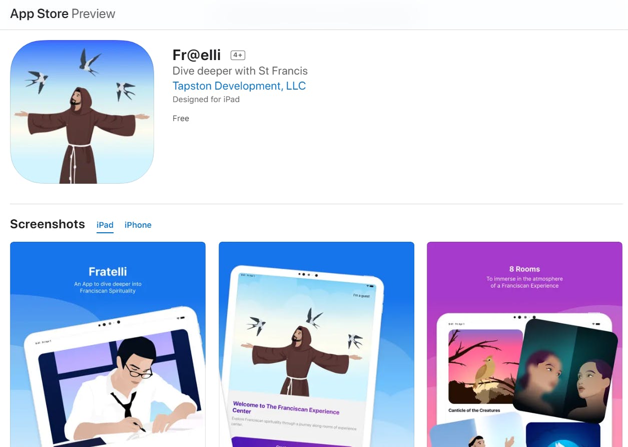 A screenshot from Apple's App Store shows the "Fr@elli" app, created in part by a Franciscan friar currently in residence at St. Bonaventure Monastery in Detroit.