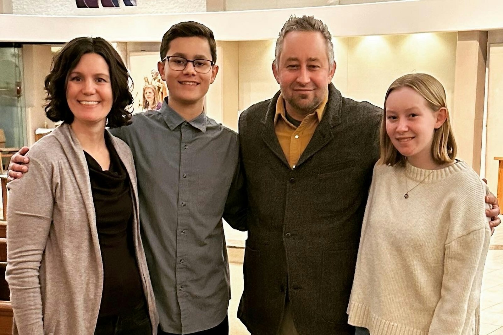 David Gardner, second from right, is pictured with his wife Juliet, son Tyler and daughter Gabrielle during the Rite of Sending this year at St. Andrew Parish in Rochester, where Tyler is currently a catechumen. David Gardner was baptized last year during the Easter vigil at St. Andrew. (Photos courtesy of David Gardner)