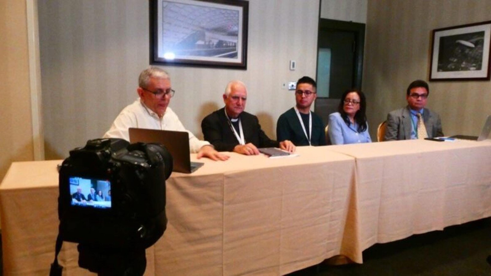Elisabeth Román, Antonio Guzmán and Archbishop Jorge Eduardo Lozano participate in a news conference during the National Catholic Council for Hispanic Ministry (NCCHM)'s National Catholic Congress of Hispanic Pastoral Care "Raíces y Alas" — Roots and Wings conference. (Photo courtesy of CELAM)
