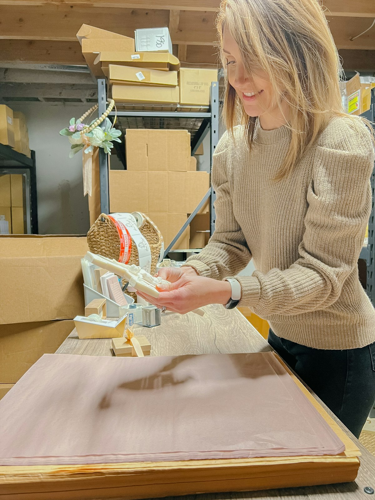 Tabitha Kidman works to package items in her basement warehouse to ship to customers who purchased through her online "House of Joppa" store.