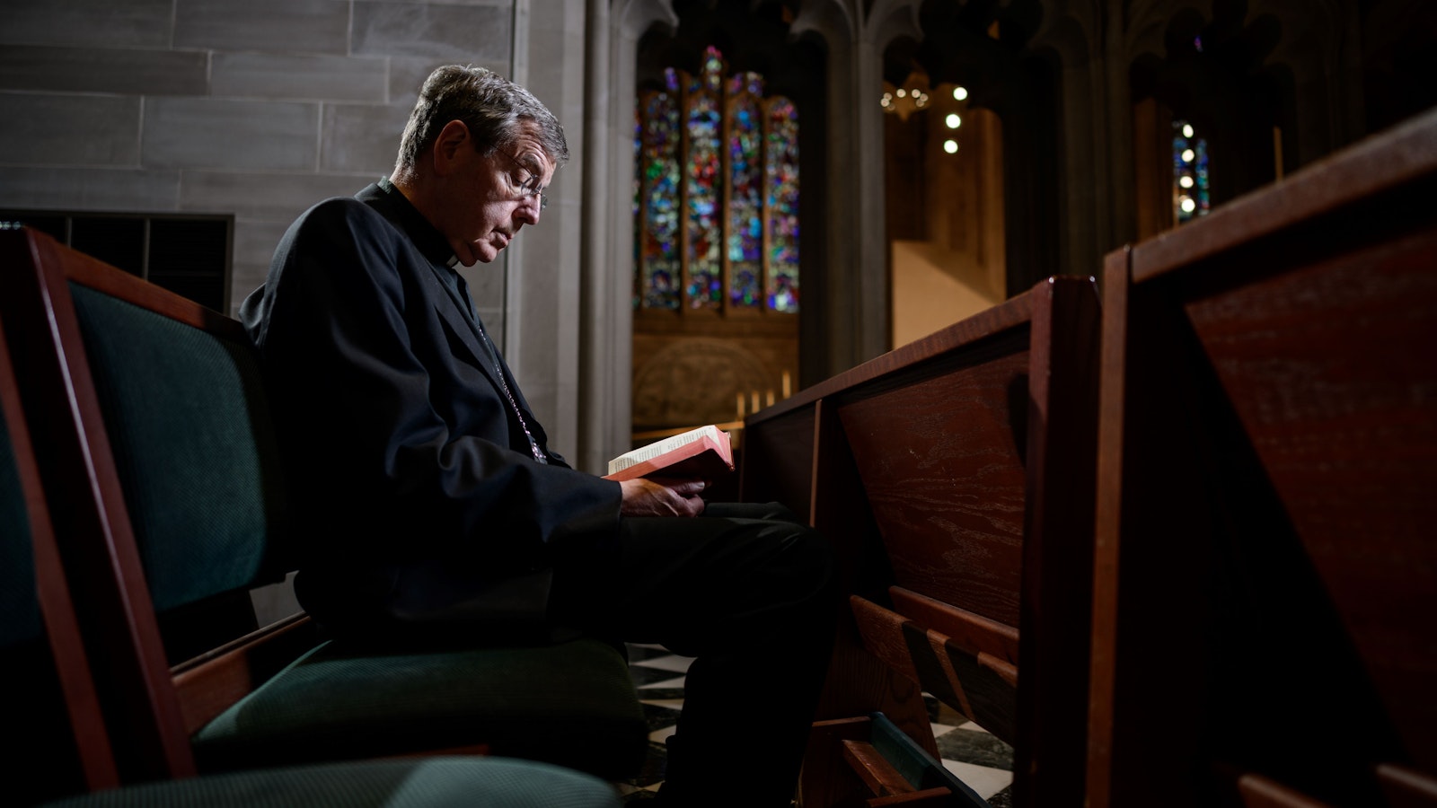 Archbishop Vigneron takes a quiet moment in prayer in the adoration chapel of the Cathedral of the Most Blessed Sacrament in Detroit on March 7, 2023. (Marek Dziekonski | Detroit Catholic)