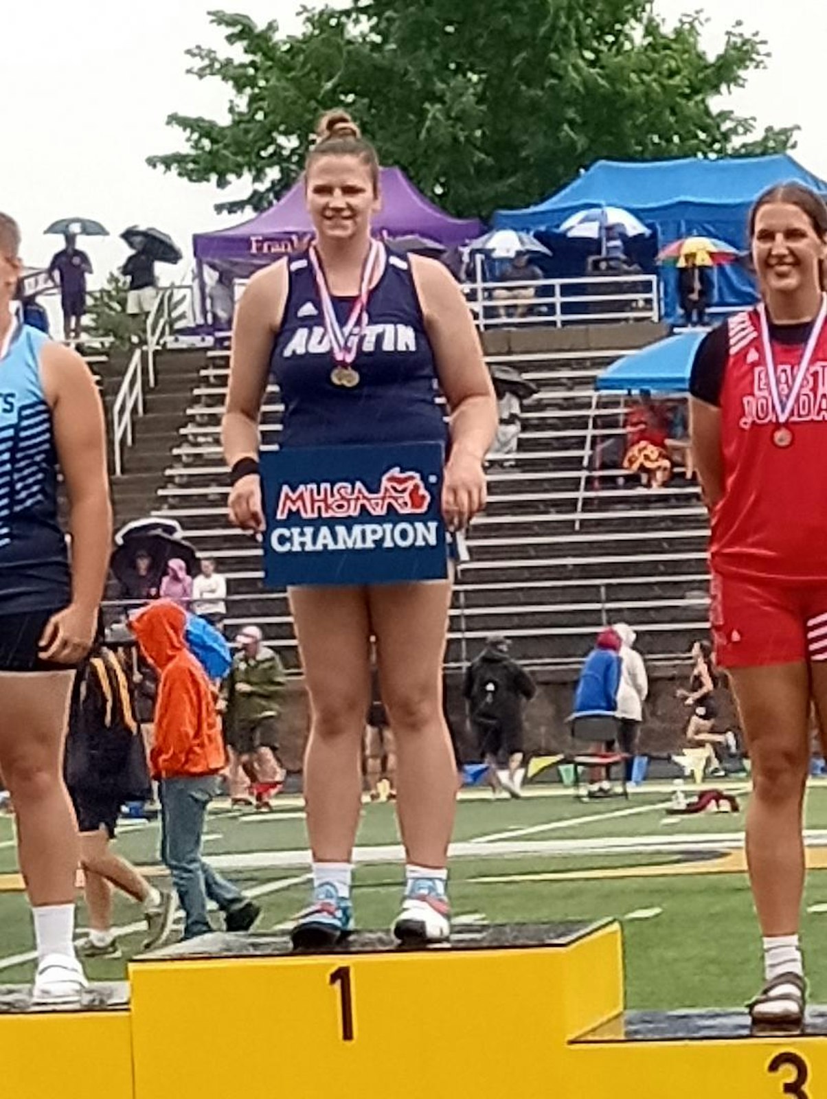 Senior Lyla Mullins became Chesterfield Austin Catholic’s first state champion in any sport, winning both the shot put and discus events at the Division 4 finals at Hudsonville (Contributed photo)