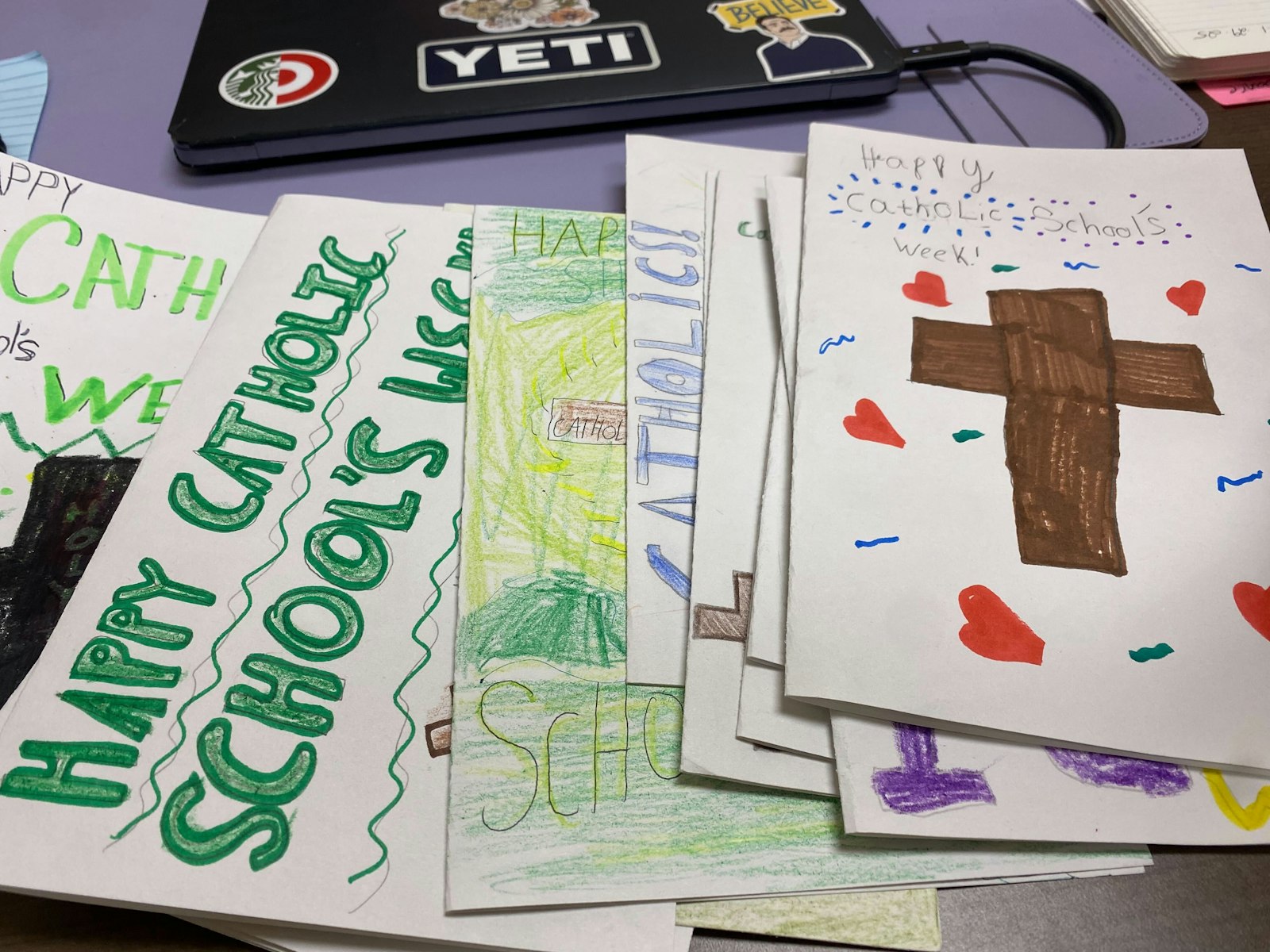 St. Edith students wrote cards to Most Holy Trinity students to go along with the supplies, wishing them a happy Catholic Schools Week and asking them about their Catholic school experiences. (Photo by Daniel Meloy | Detroit Catholic)