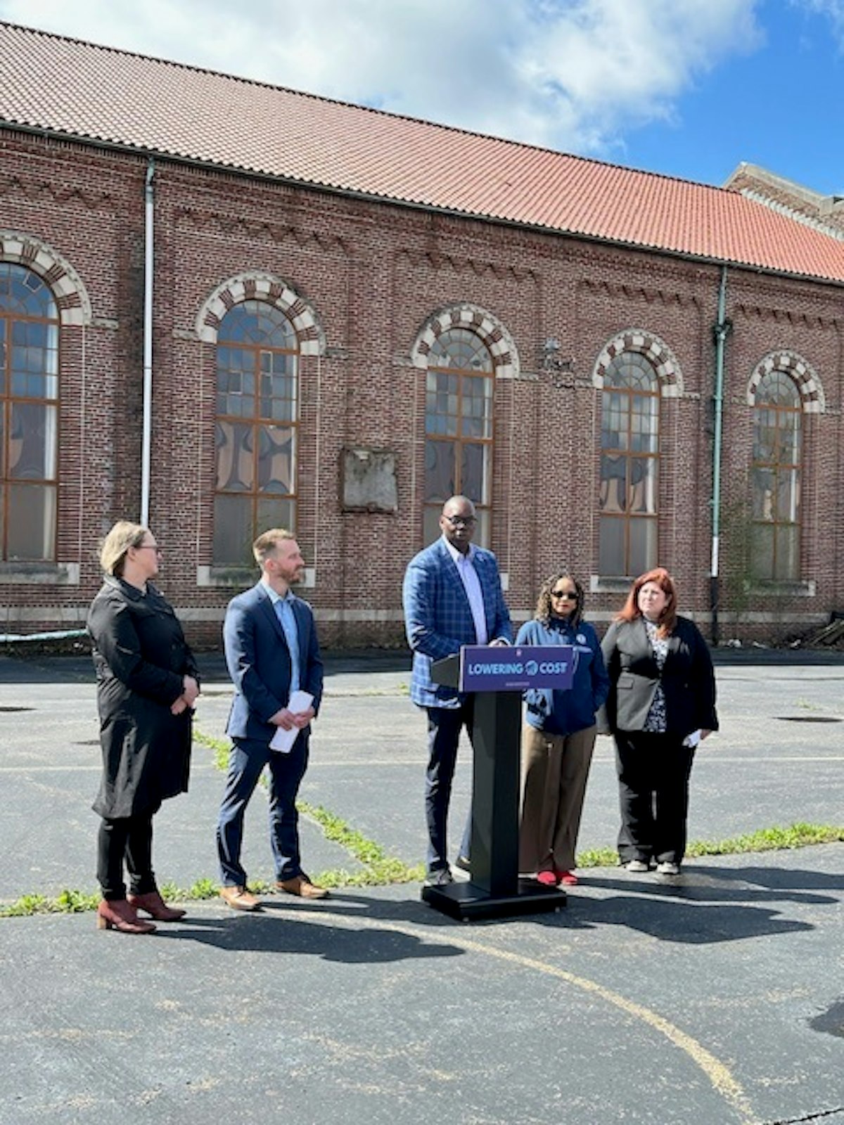 Left to right, Julie Schneider of the City of Detroit; Chad Benson of the Michigan State Housing and Development Authority; Lt. Gov. Garland Gilchrist; State Rep. Karen Whitsett, and Aubrey Macfarlane, CEO of Volunteers of America Michigan, speak during an announcement and press conference about the project at St. Mary's of Redford Parish in Detroit.