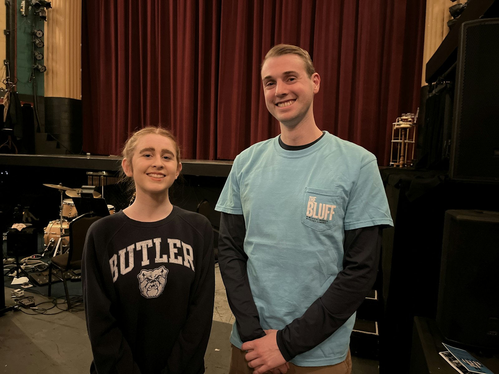 The two "butlers," Diocese of Lansing seminarian Paul Keenan and St. Mary Catholic Central senior Elizabeth Zwack, meet one another after Friday’s show. Incidentally, Zwack plans to attend Butler University next year. (Karla Dorweiler | Special to Detroit Catholic)