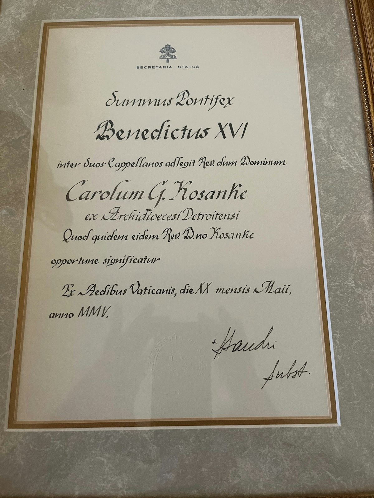 In 2005, Msgr. Kosanke was among the first group of priests to be given the title of monsignor by Pope Benedict. Msgr. Kosanke met him again when he was pope during a private audience with the alumni of the Pontifical North American College. (Courtesy of Msgr. Charles Kosanke)