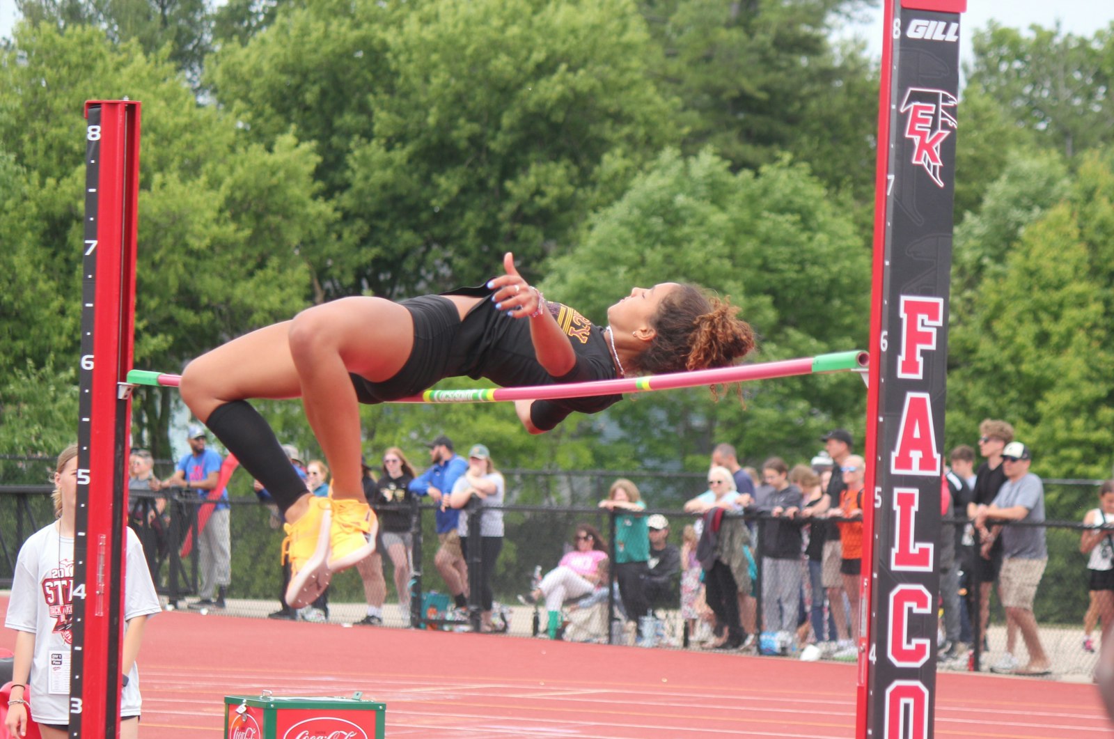 Farmington Hills Mercy senior Milena Chevallier pursues the Division 1 high jump state title by attempting 5 feet, 10 inches. She fell just short, finishing in second place behind Plymouth Salem’s Madison Morson, who cleared that height. (Wright Wilson | Special to Detroit Catholic)