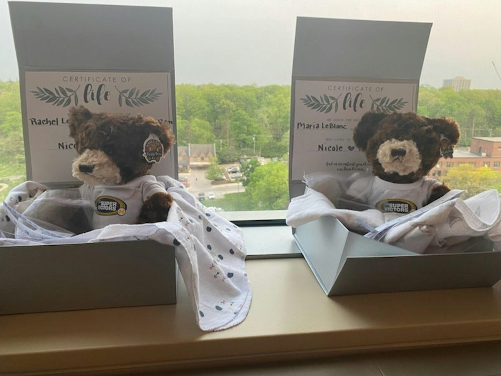 Teddy bears for Nicole and Austin's twins, Maria Teresa and Rachel Clare, greeted them at the hospital. The twins were born by caesarian section May 16, and passed away shortly afterward.