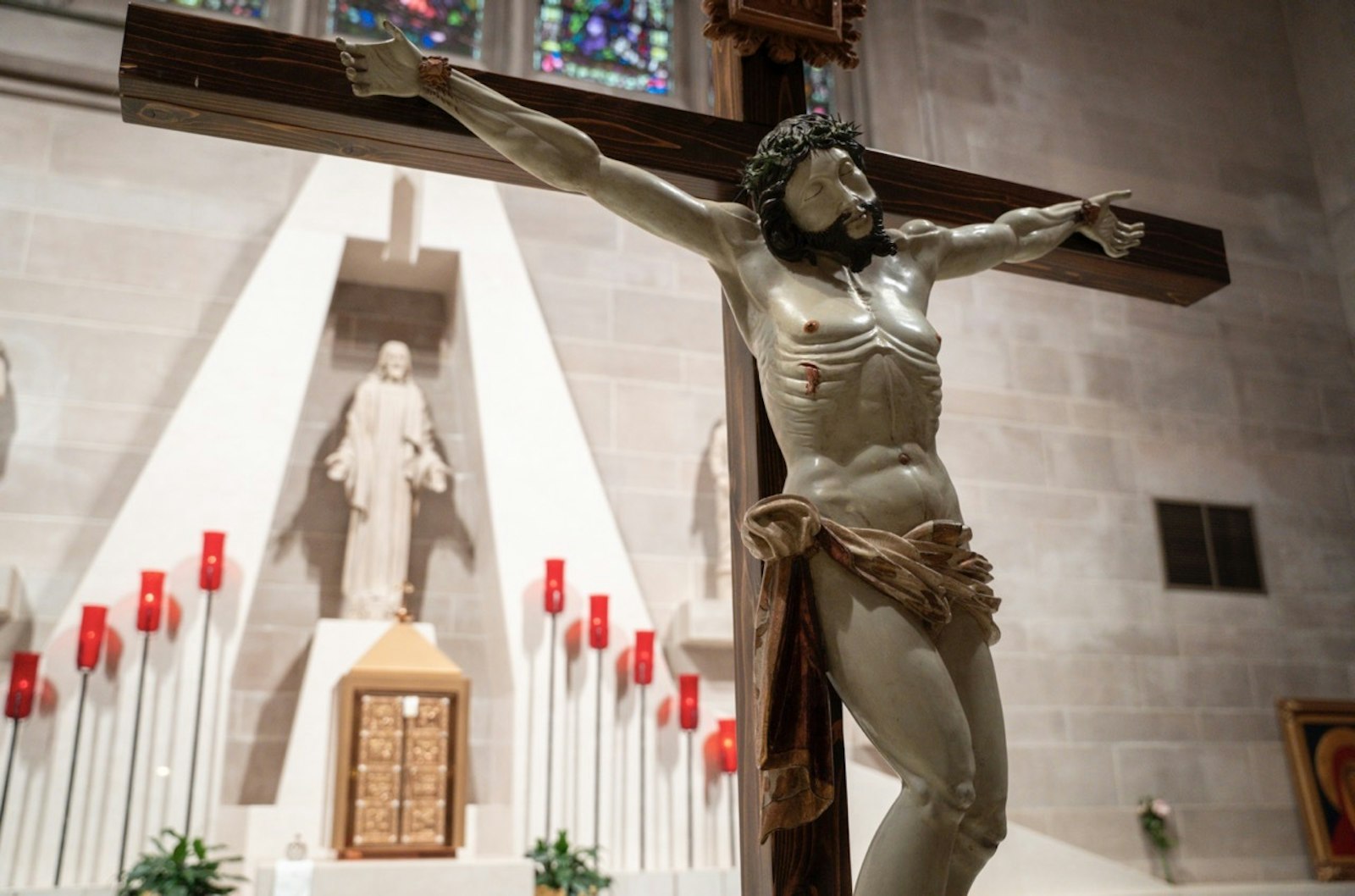 The jubilee cross, a large crucifix that will be kept at the cathedral during the 2025 Jubilee Year of Hope, is pictured in the Eucharistic chapel of the cathedral.