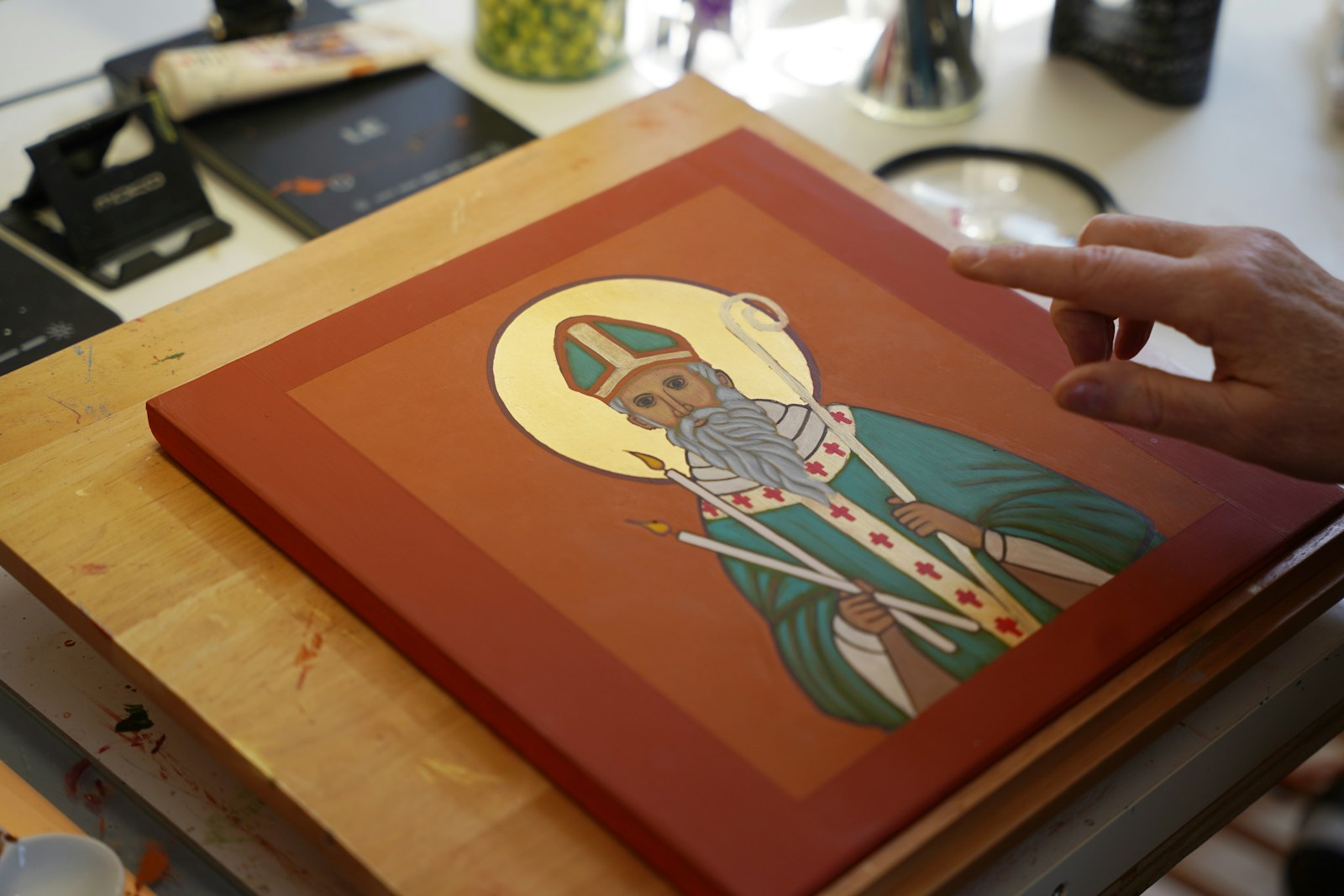 Crombie is currently working on a private commission of St. Blaise, patron of those suffering with throat disease.