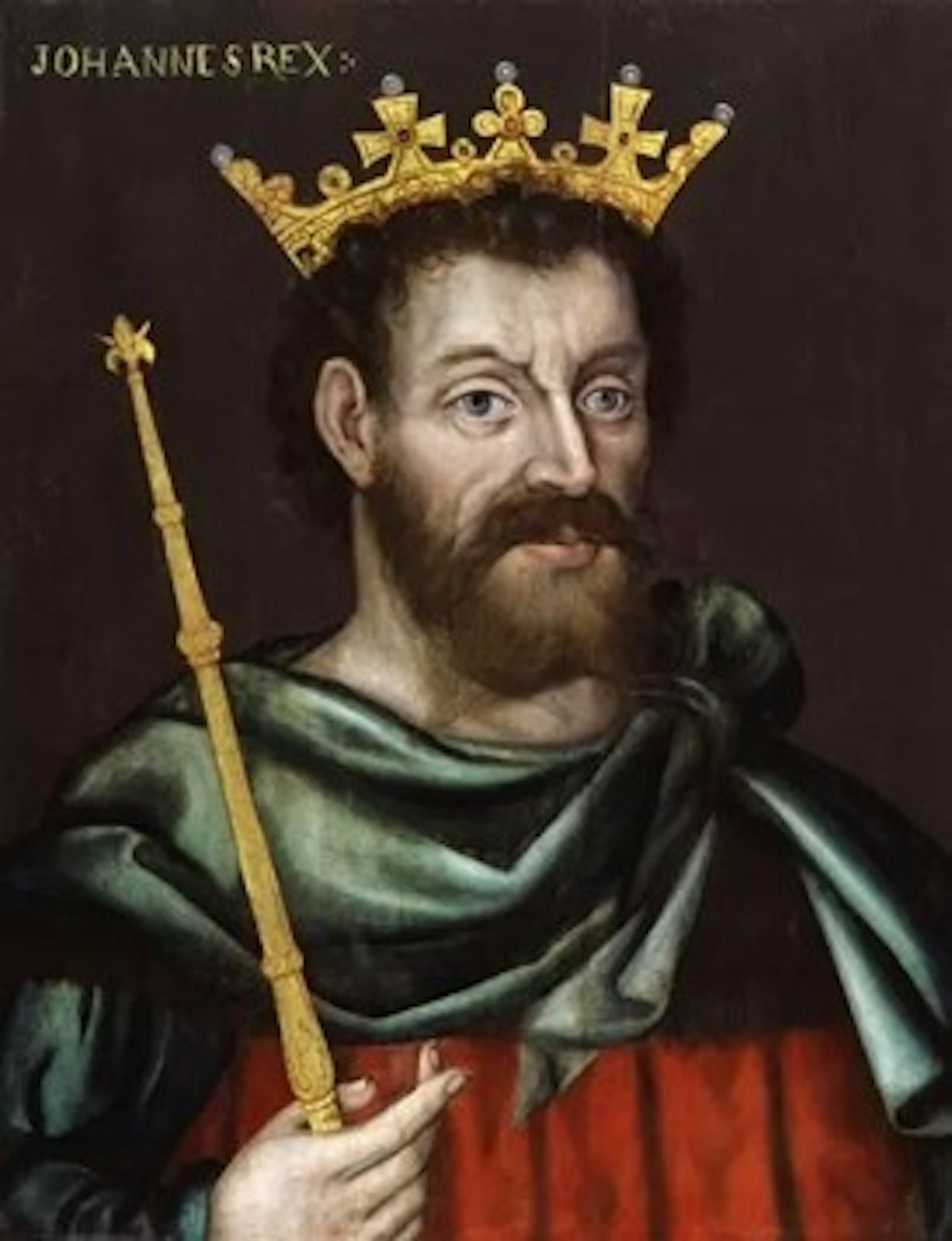 "Johannes Rex" is the name seen in the upper left corner of this painting of John Lackland, King of England, 1199-1216. (Artist unknown, created c. 1597-1618, National Portrait Gallery in London)