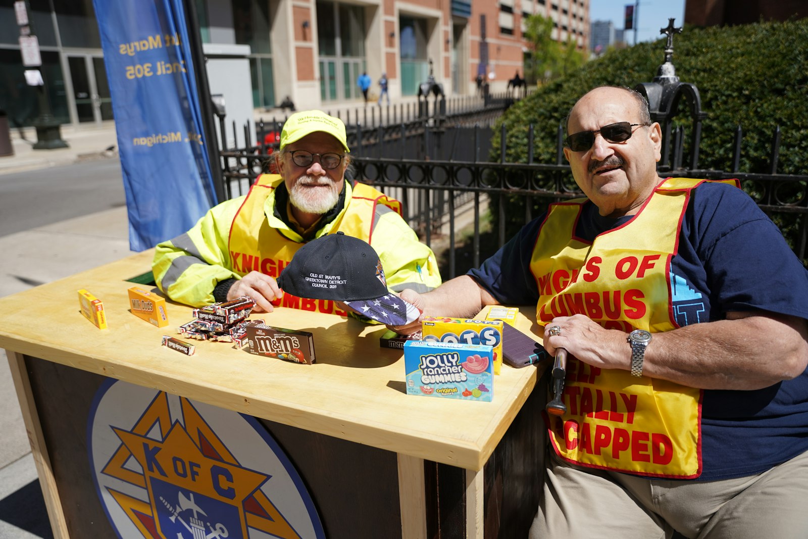 Andrew Assenmacher and Vito Lena of Knight of Columbus Council 305 at Old St. Mary's Parish in Greektown were hosting the Knights' annual Tootsie Roll drive on the church's campus and inviting people to tour the historic church.