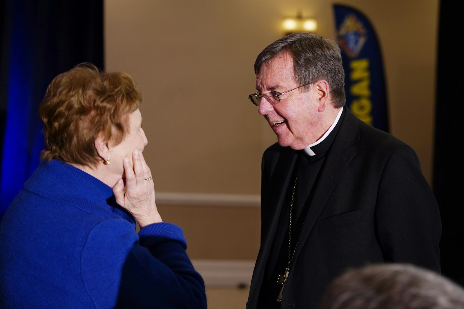 Listing, left, talks with Detroit Archbishop Allen H. Vigneron during the 45th annual Respect Life Benefit Dinner at the San Marino Club in Troy on April 19, 2023. Listing joined Right to Life of Michigan in 1973, shortly after the U.S. Supreme Court decided Roe v. Wade and led the organization through Roe's overturning in the 2022 Dobbs vs. Jackson Women's Health Clinic decision. (Daniel Meloy | Detroit Catholic)